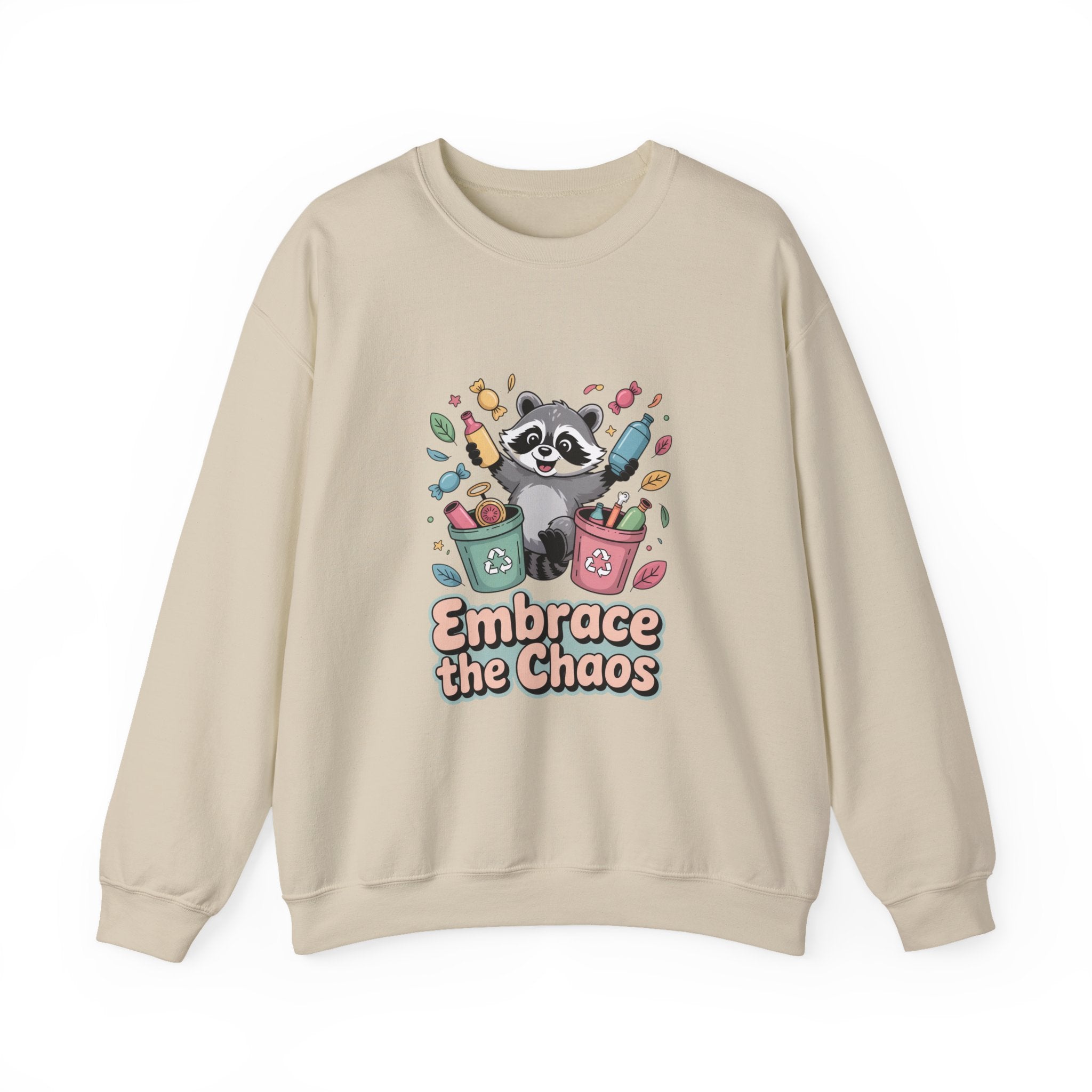 Beige sweatshirt with a raccoon graphic and 'Embrace the Chaos' text on a white background