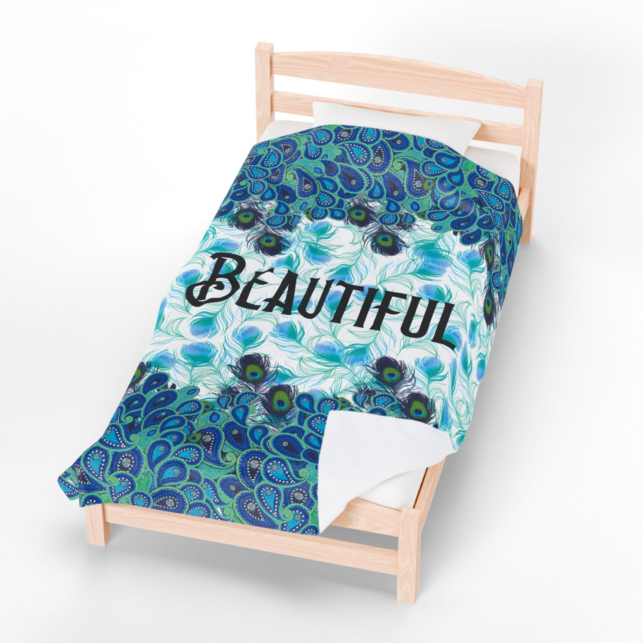 Personalized Peacock Feather Beautiful Velveteen Plush Blanket | Blue Teal Feather Pattern