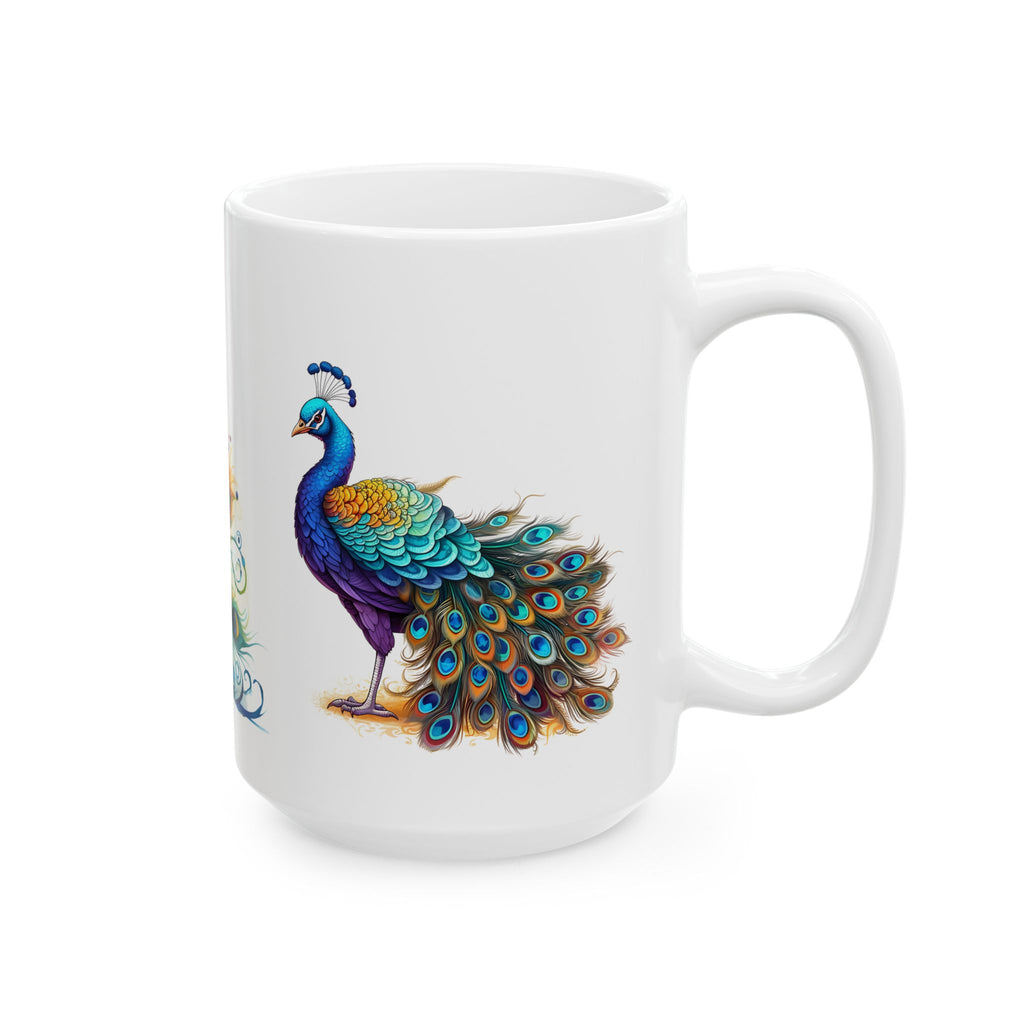 Colorful watercolor peacock mug on glossy white ceramic. Vibrant jewel-toned feathers on a boho style coffee and tea cup.