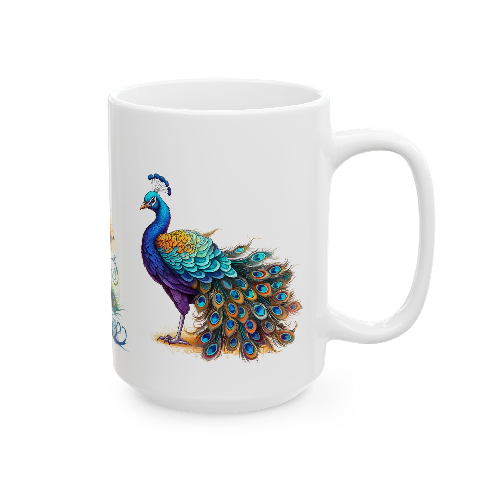 Colorful watercolor peacock mug on glossy white ceramic. Vibrant jewel-toned feathers on a boho style coffee and tea cup.