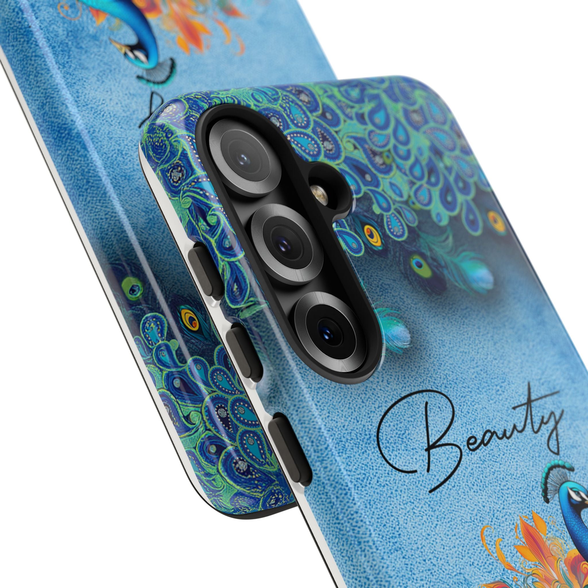 Blue tough protective phone case with a peacock illustration and "Beauty" text, showing camera and side buttons.