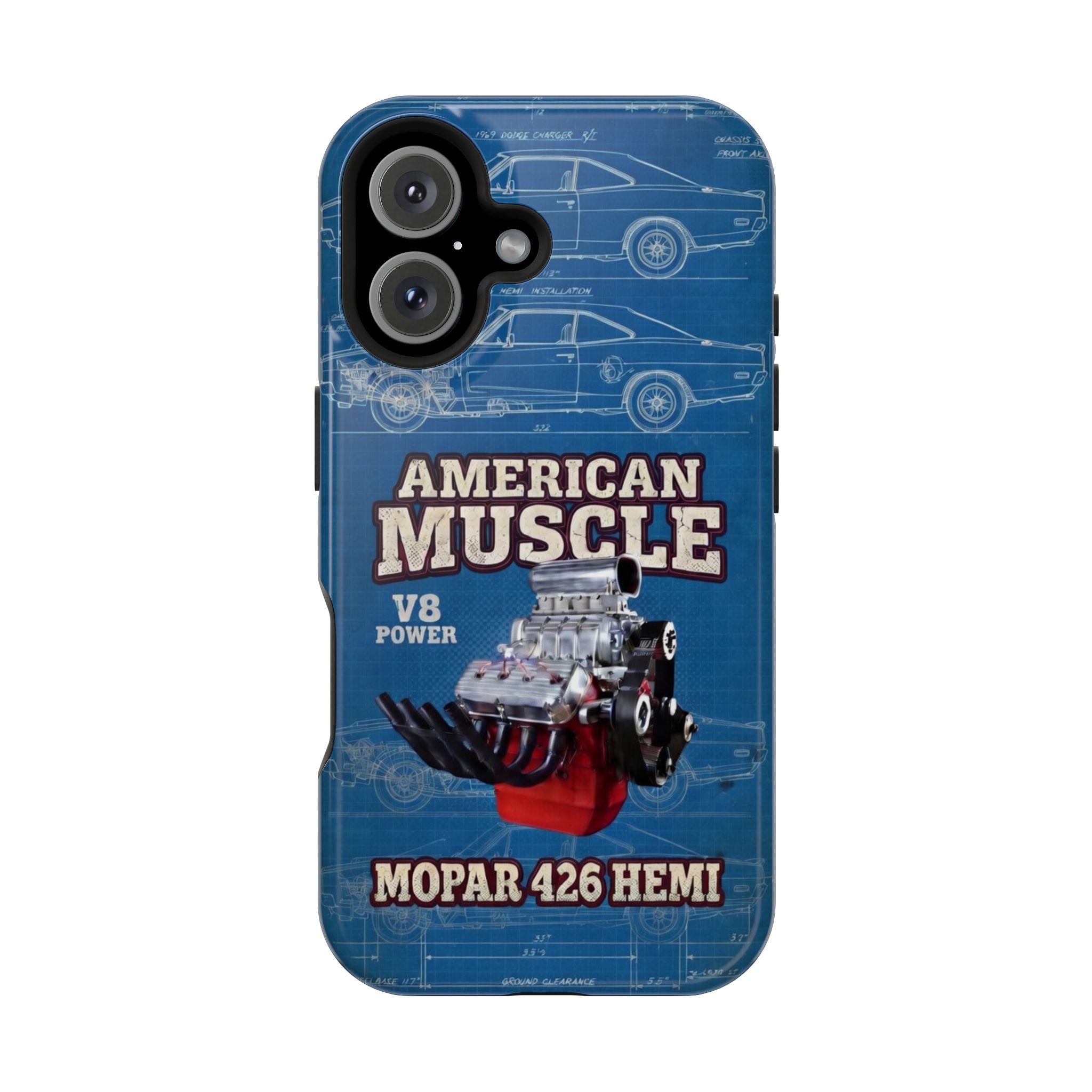Phone case with American Muscle Mopar 426 Hemi design featuring an engine and text on a blue background