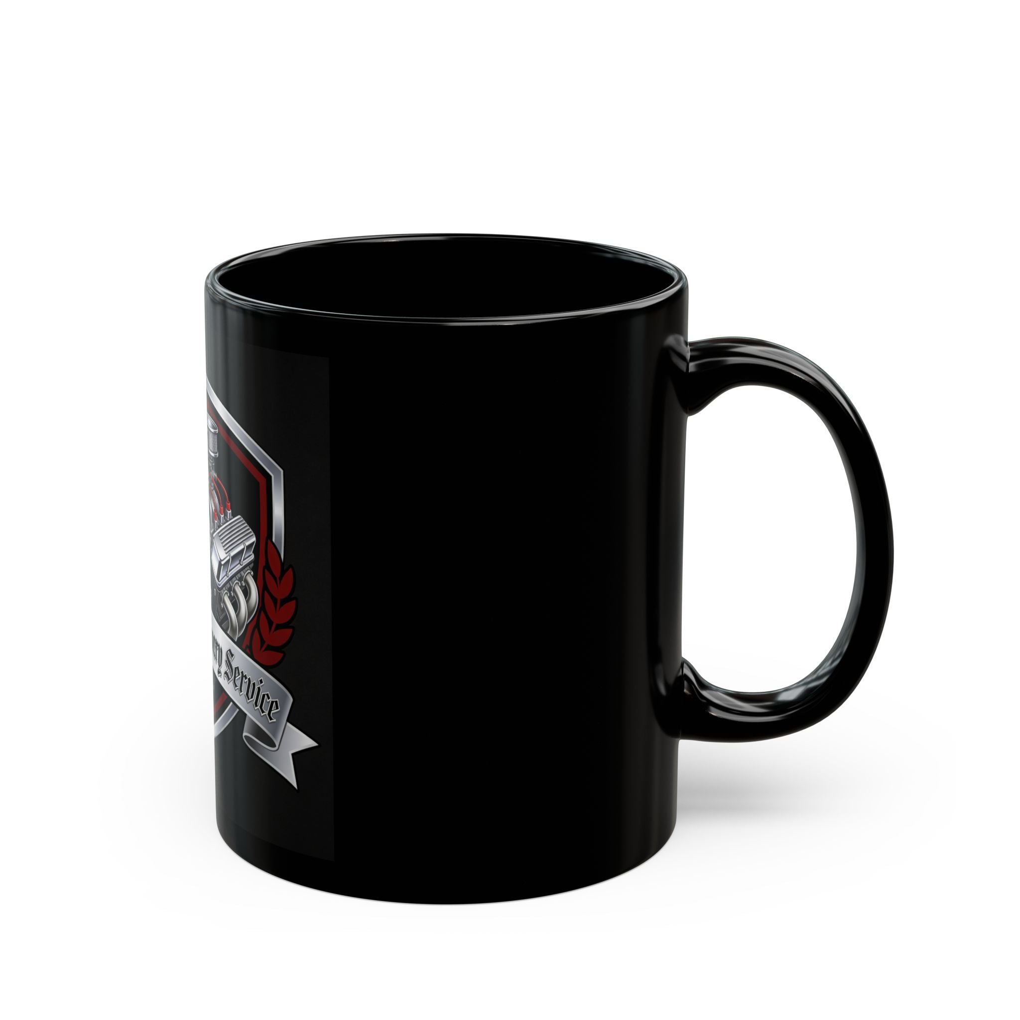 Car Mechanic Engine Shield Black Mug — "Jack's Auto Delivery Service" Coffee Cup (11oz, 15oz)