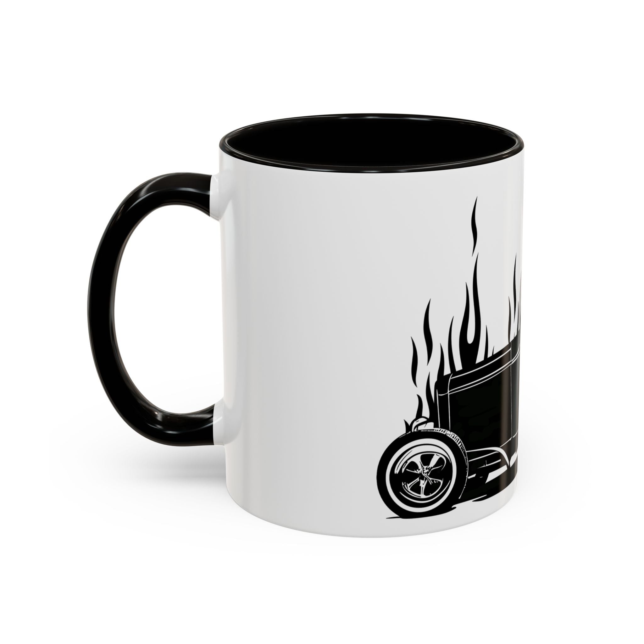 White mug with black interior and handle, featuring a black silhouette of a car with flames on a white background.