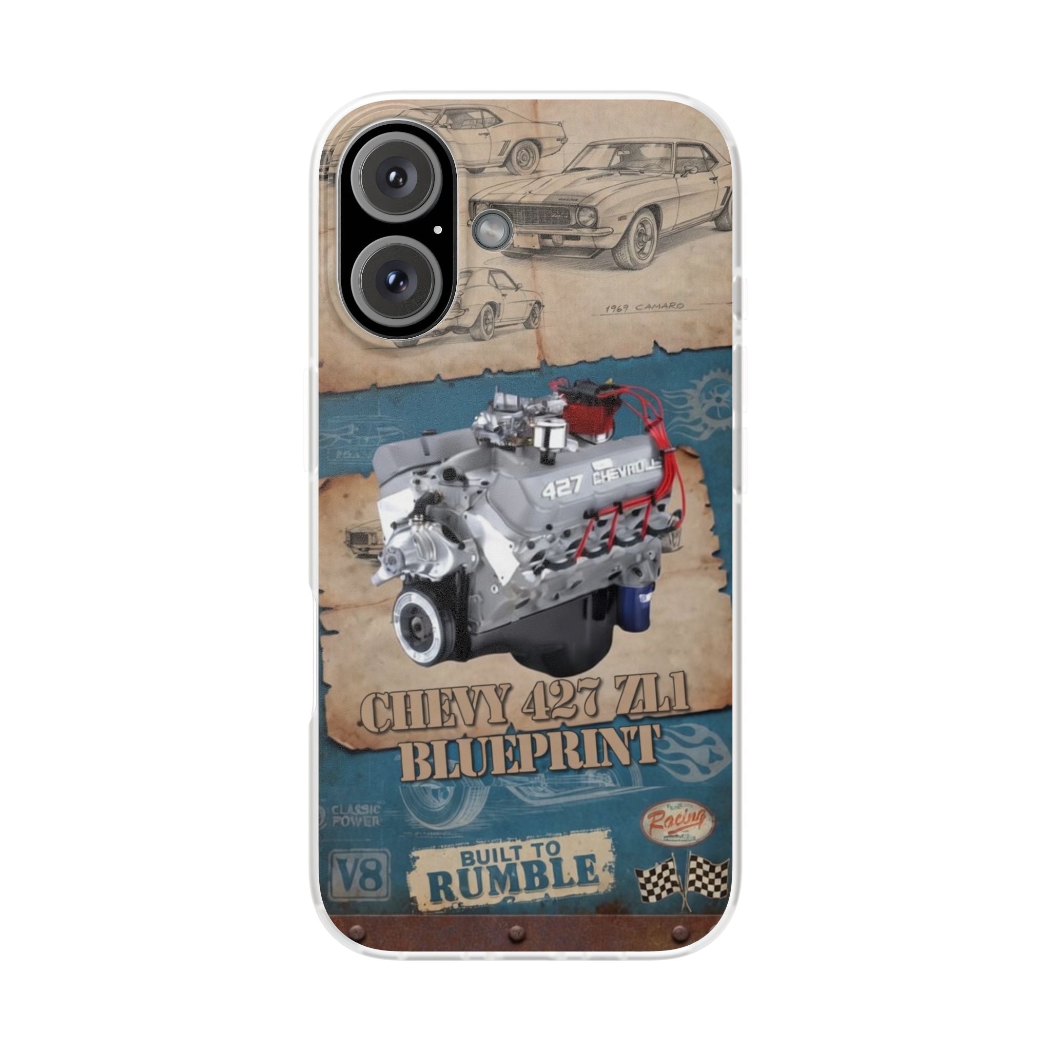 Built to Rumble Chevy 427 ZL1 Blueprint Phone Case - Retro Engine Design