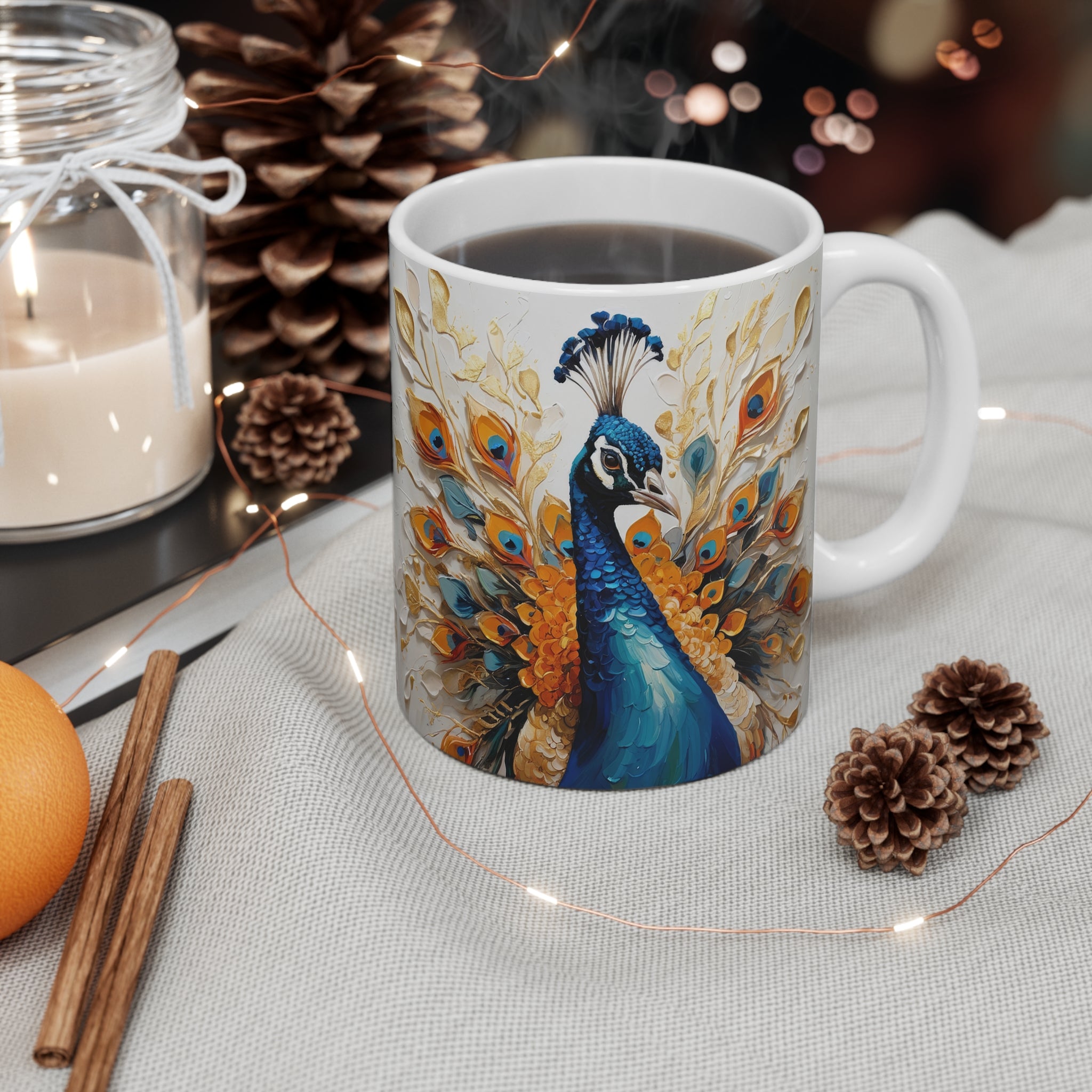 Mug with peacock design on a table with decorative items