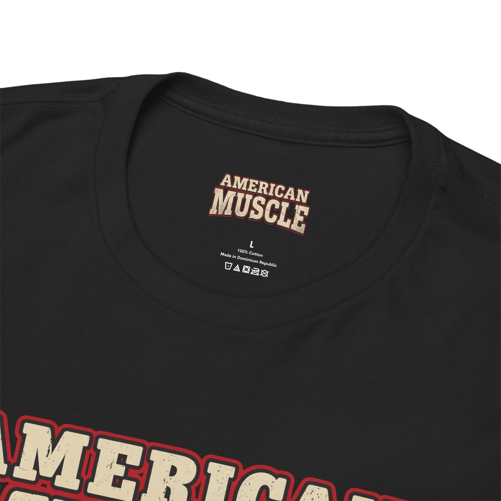 Black t-shirt with 'American Muscle' branding on a white background