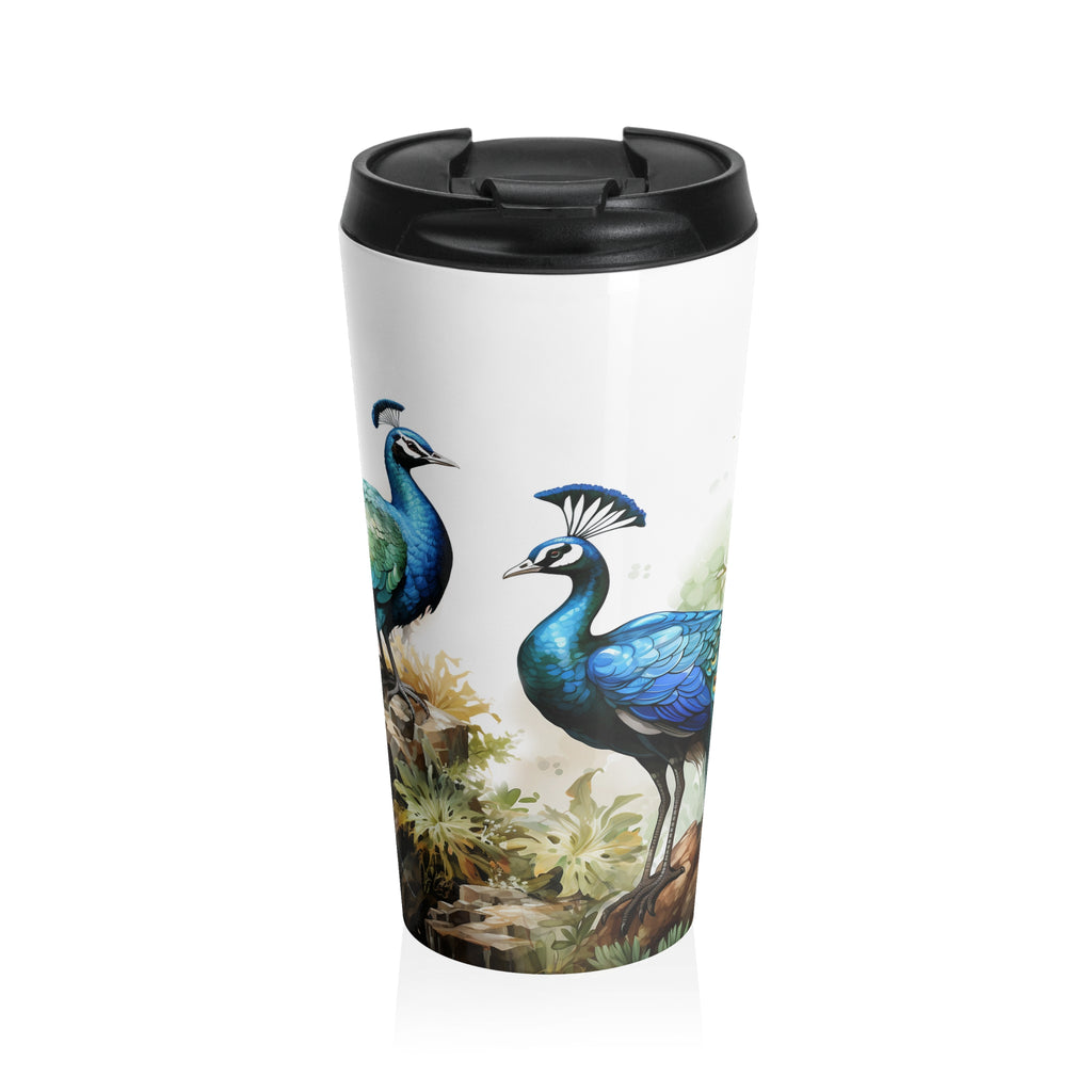 Peacock Stainless Steel Travel Mug — Vintage Botanical Blue Peafowl Design