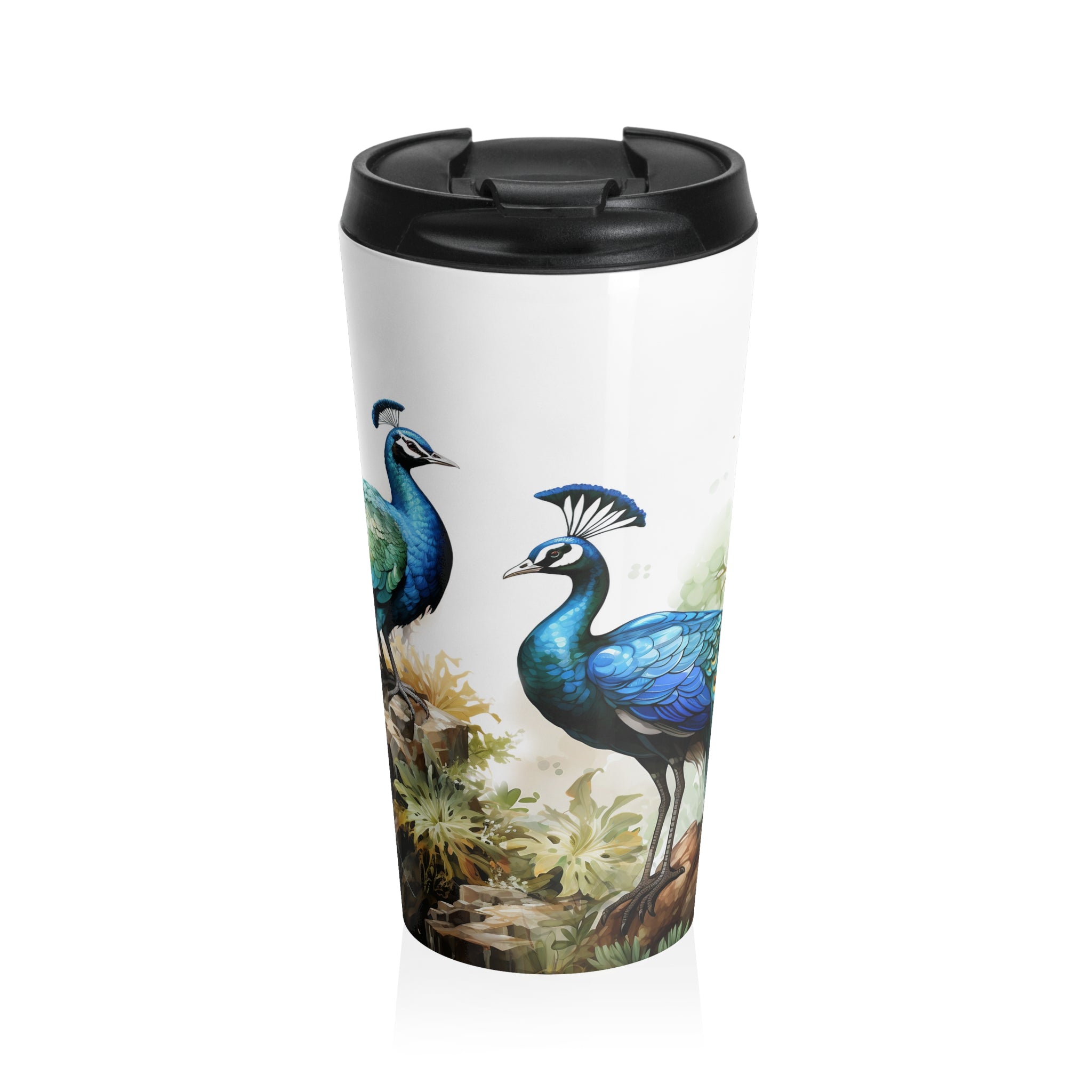 Peacock Stainless Steel Travel Mug — Vintage Botanical Blue Peafowl Design