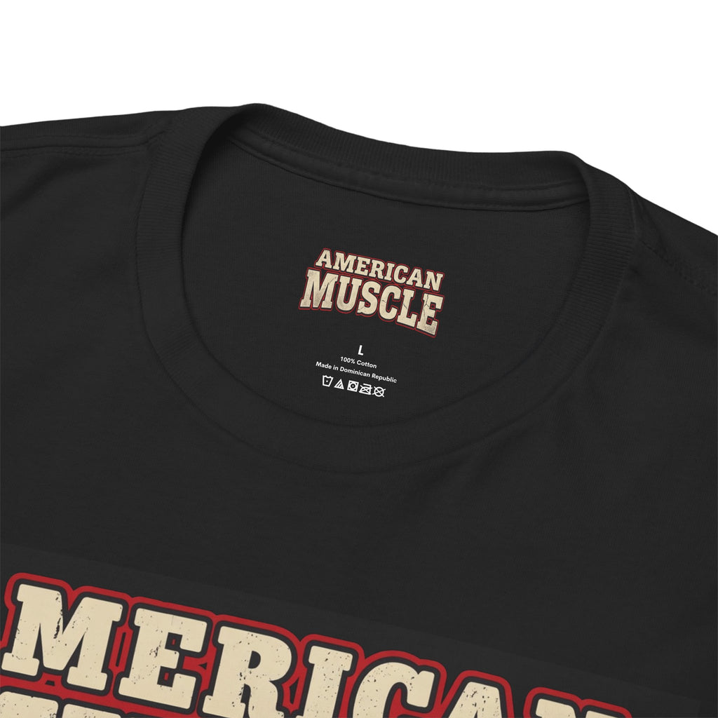 Black t-shirt with 'American Muscle' branding on a white background
