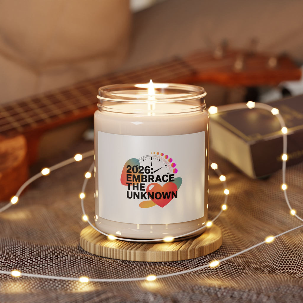 Candle with a '2026: Embrace the Unknown' label on a wooden coaster with fairy lights and a guitar in the background.
