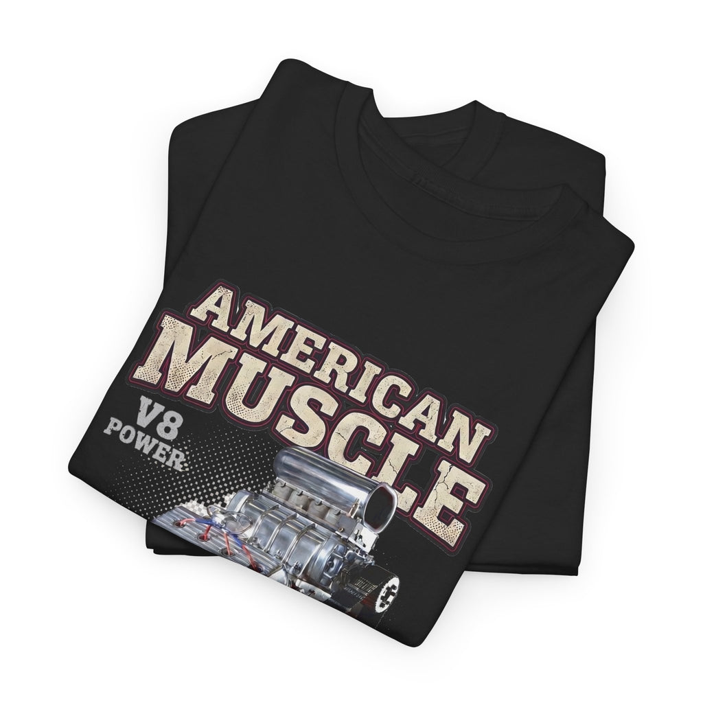Black t-shirt with 'American Muscle' text and engine graphic on a white background