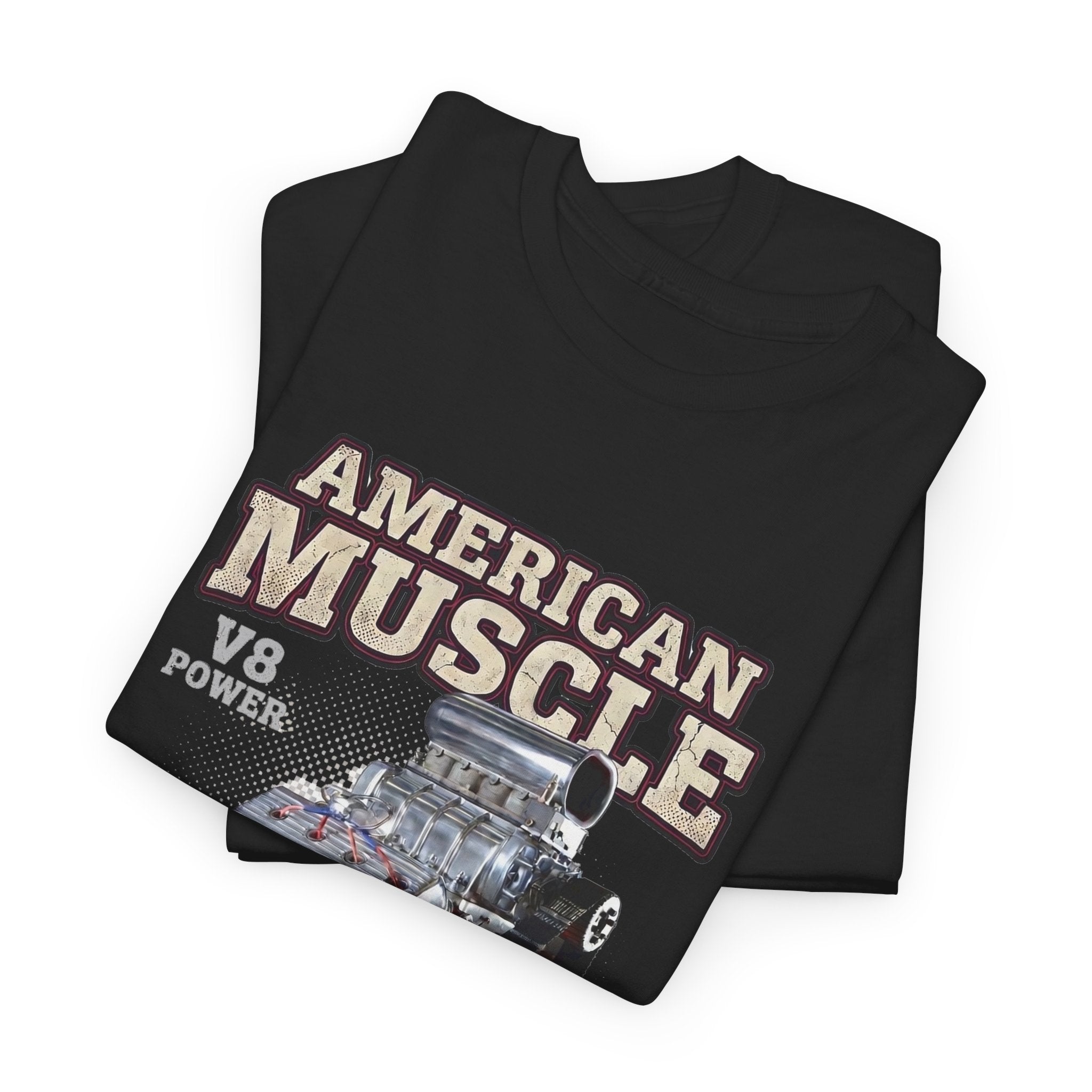 Black t-shirt with 'American Muscle' text and engine graphic on a white background