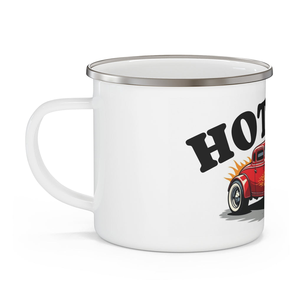 White enamel mug with a red car illustration and 'HOT ROD' text on a white background