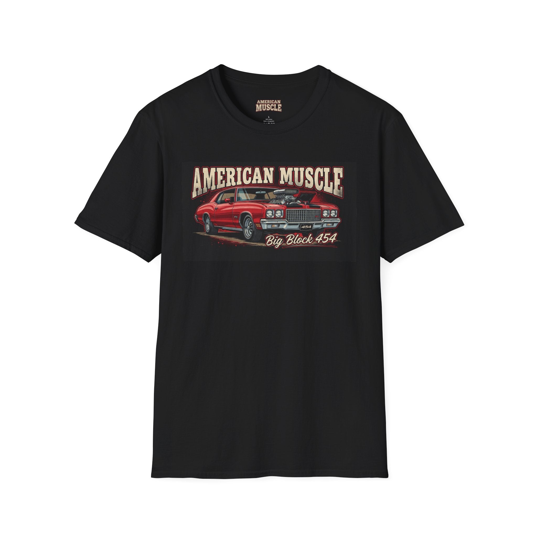 Black t-shirt with red muscle car graphic and 'American Muscle' text on a white background