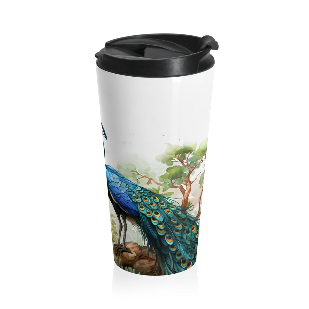 Peacock Stainless Steel Travel Mug — Vintage Botanical Blue Peafowl Design
