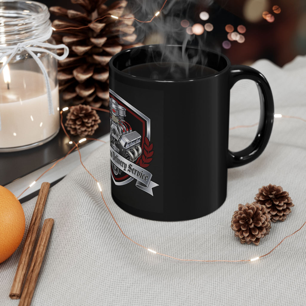 Car Mechanic Engine Shield Black Mug — "Jack's Auto Delivery Service" Coffee Cup (11oz, 15oz)