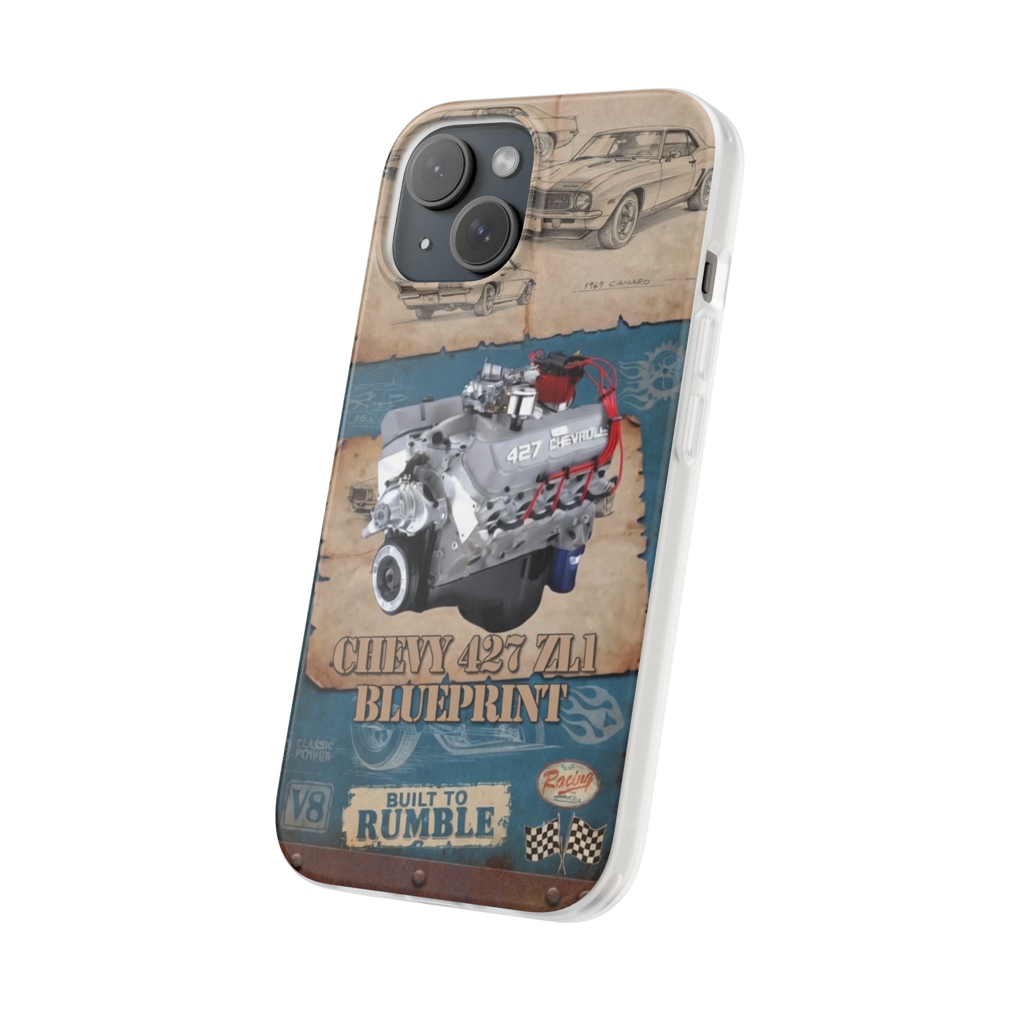 Built to Rumble Chevy 427 ZL1 Blueprint Phone Case - Retro Engine Design