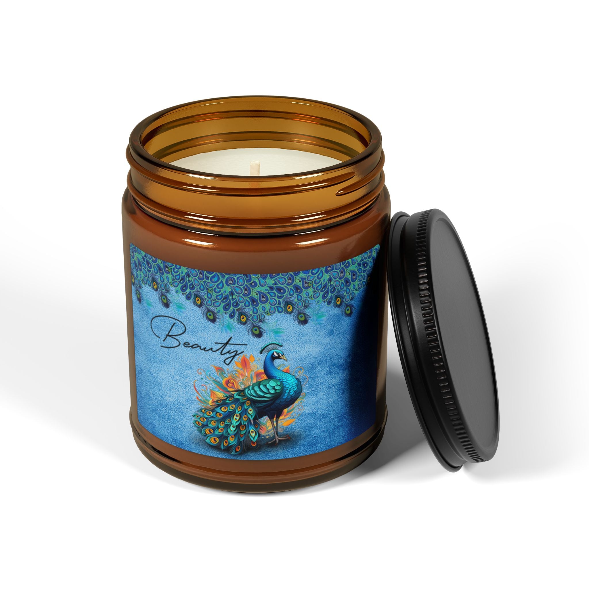 Peacock “Beauty” Scented Soy Candle | Amber Jar Luxury Home Fragrance
