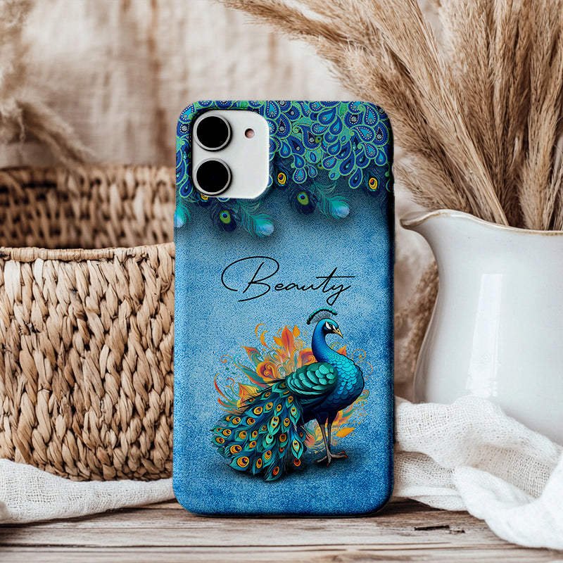 Blue peacock illustration tough protective phone case with "Beauty" text on wooden surface