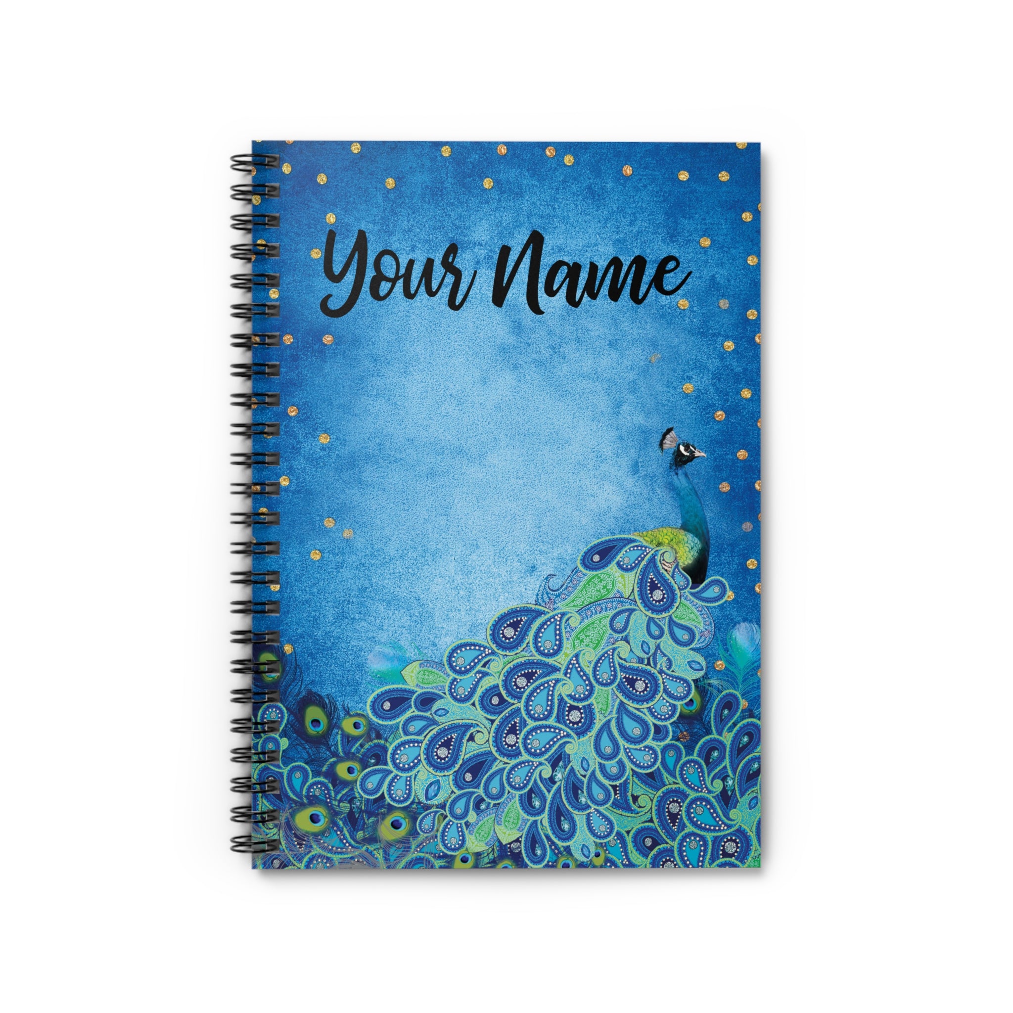 Notebook with peacock design and 'Your Name' text on a blue background