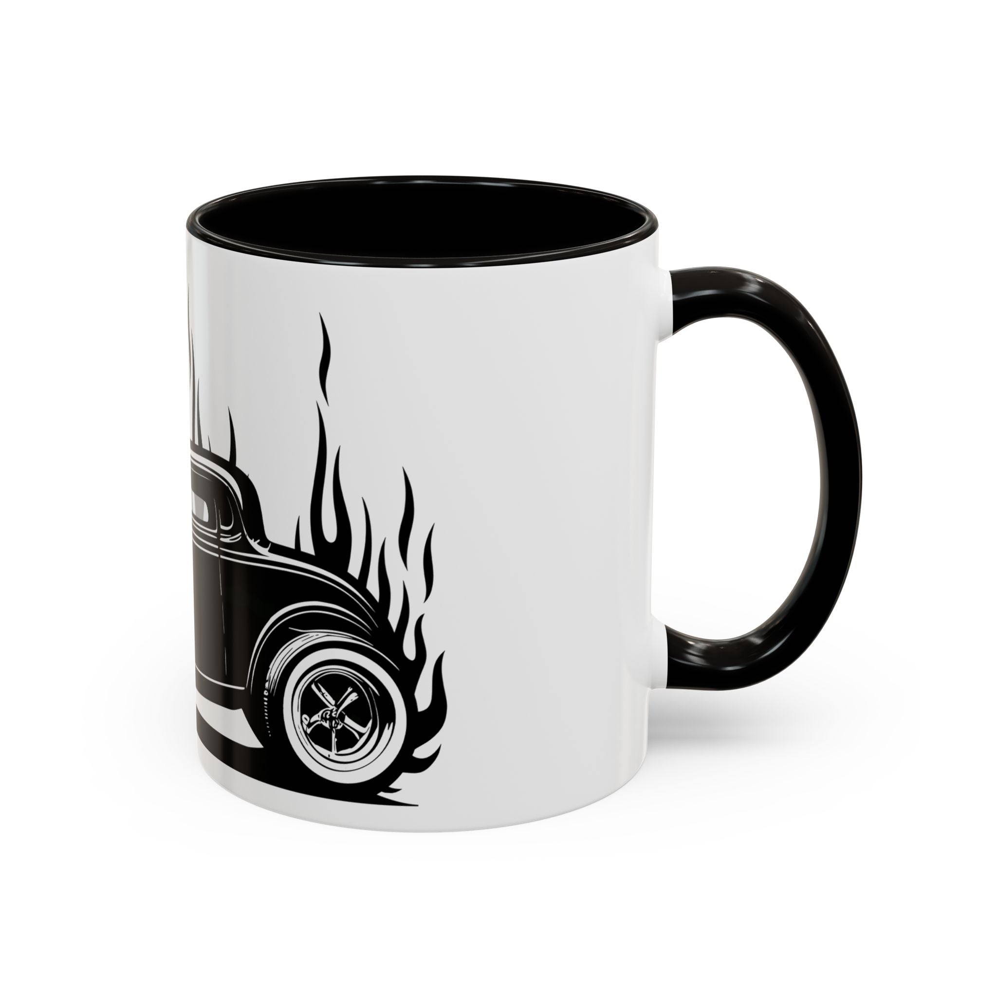 White mug with black handle featuring a black and white graphic of a classic car with flames.