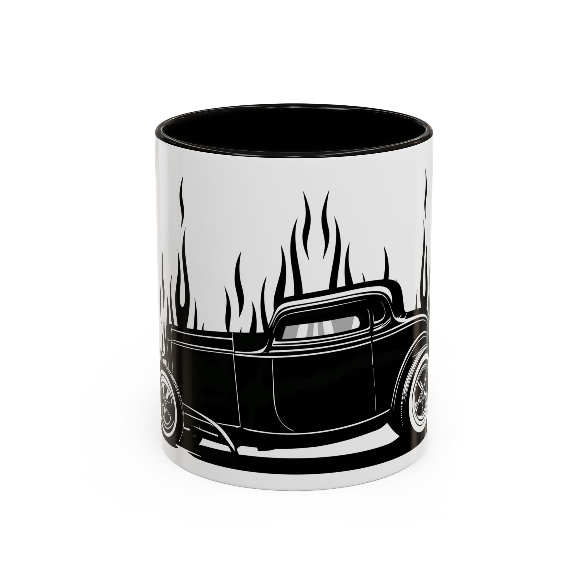 Mug with a black hot rod silhouette and flames on a white background