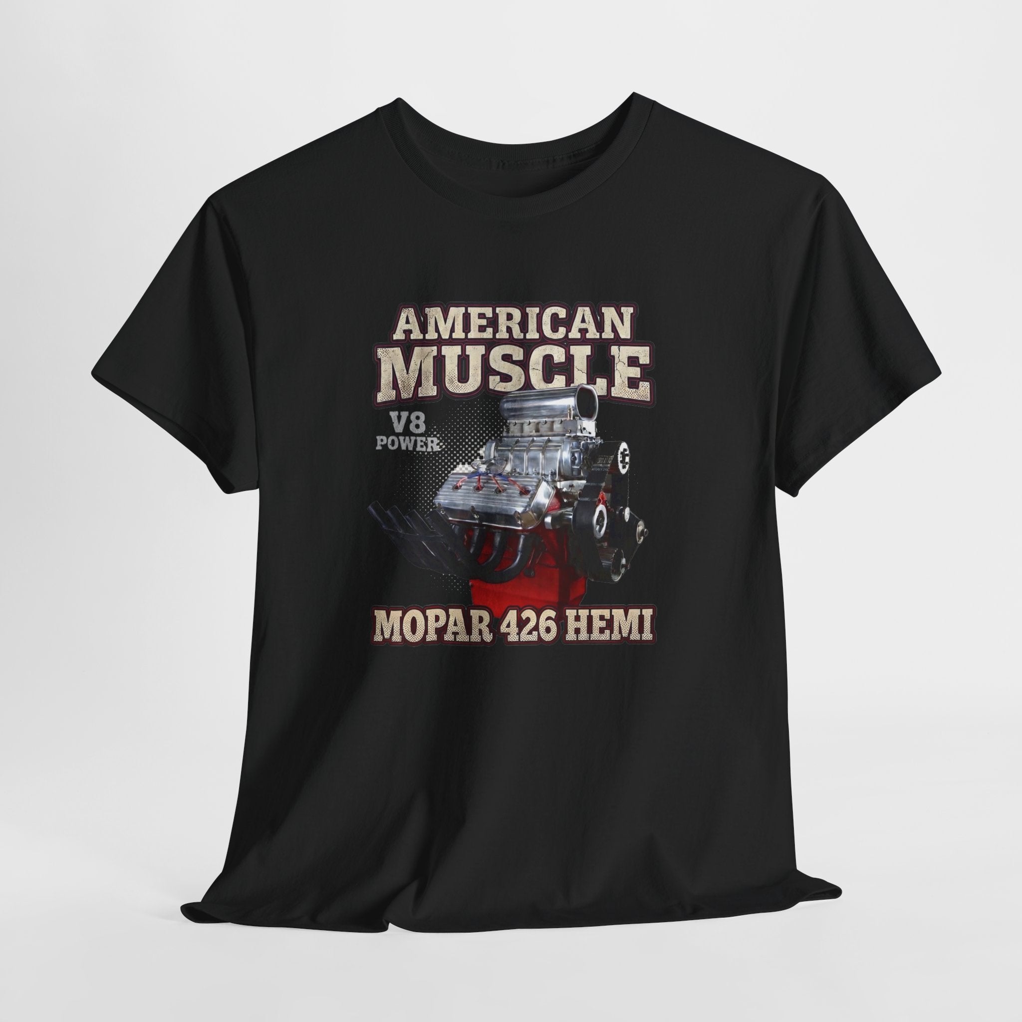 Black t-shirt with 'MOPAR 426 HEMI' and car graphic on a light gray background
