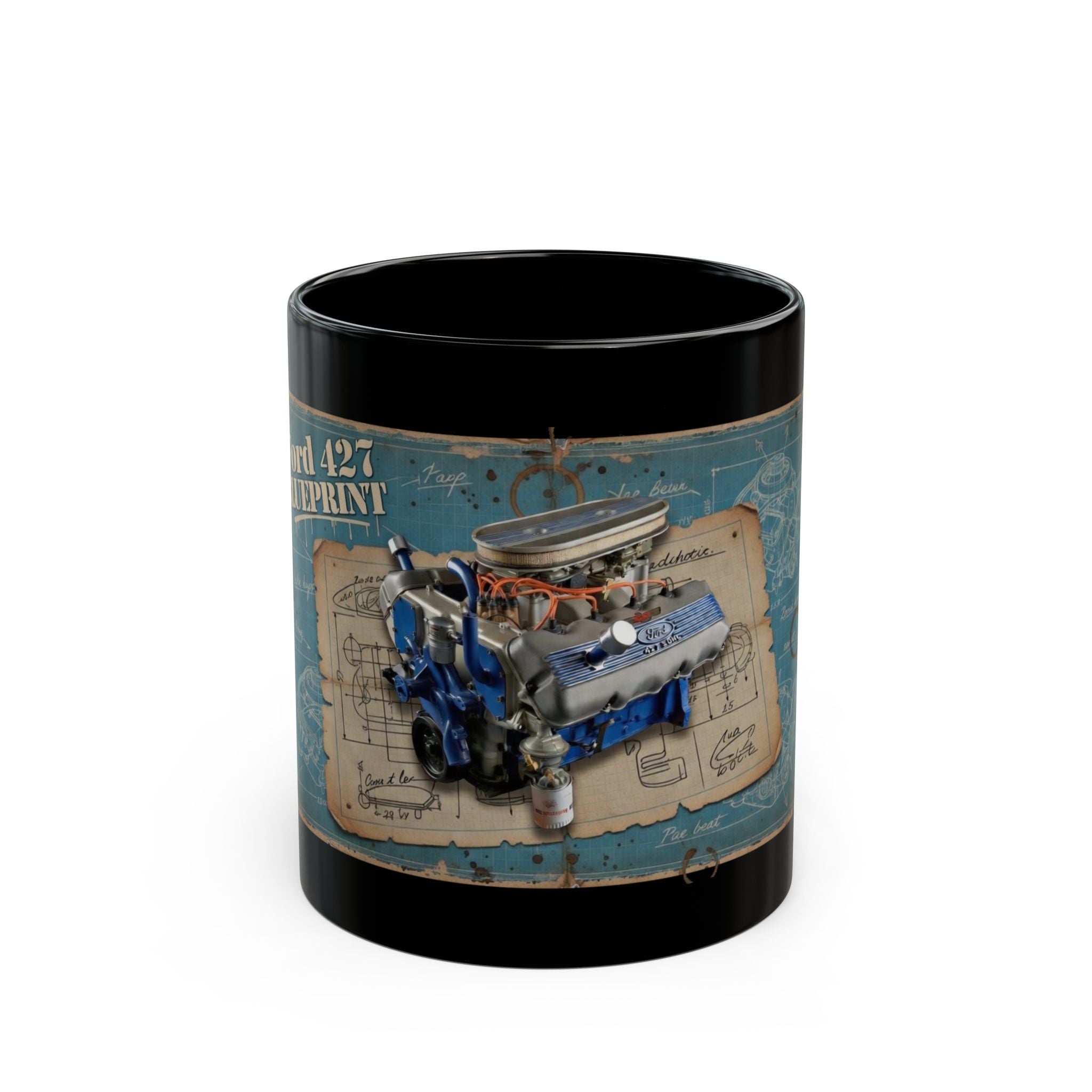 Ford 427 Engine Blueprint Black Mug