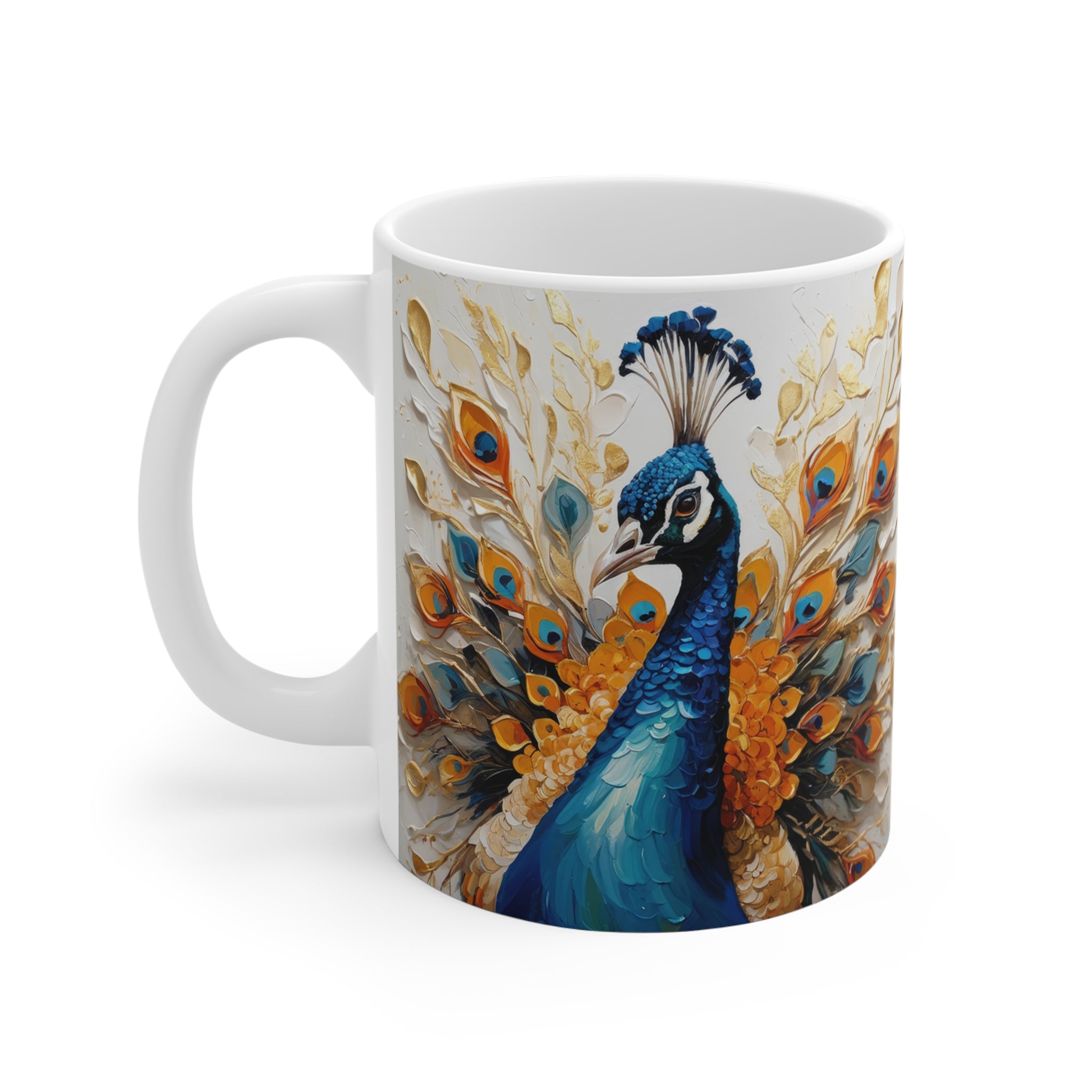 Mug with a peacock design on a white background