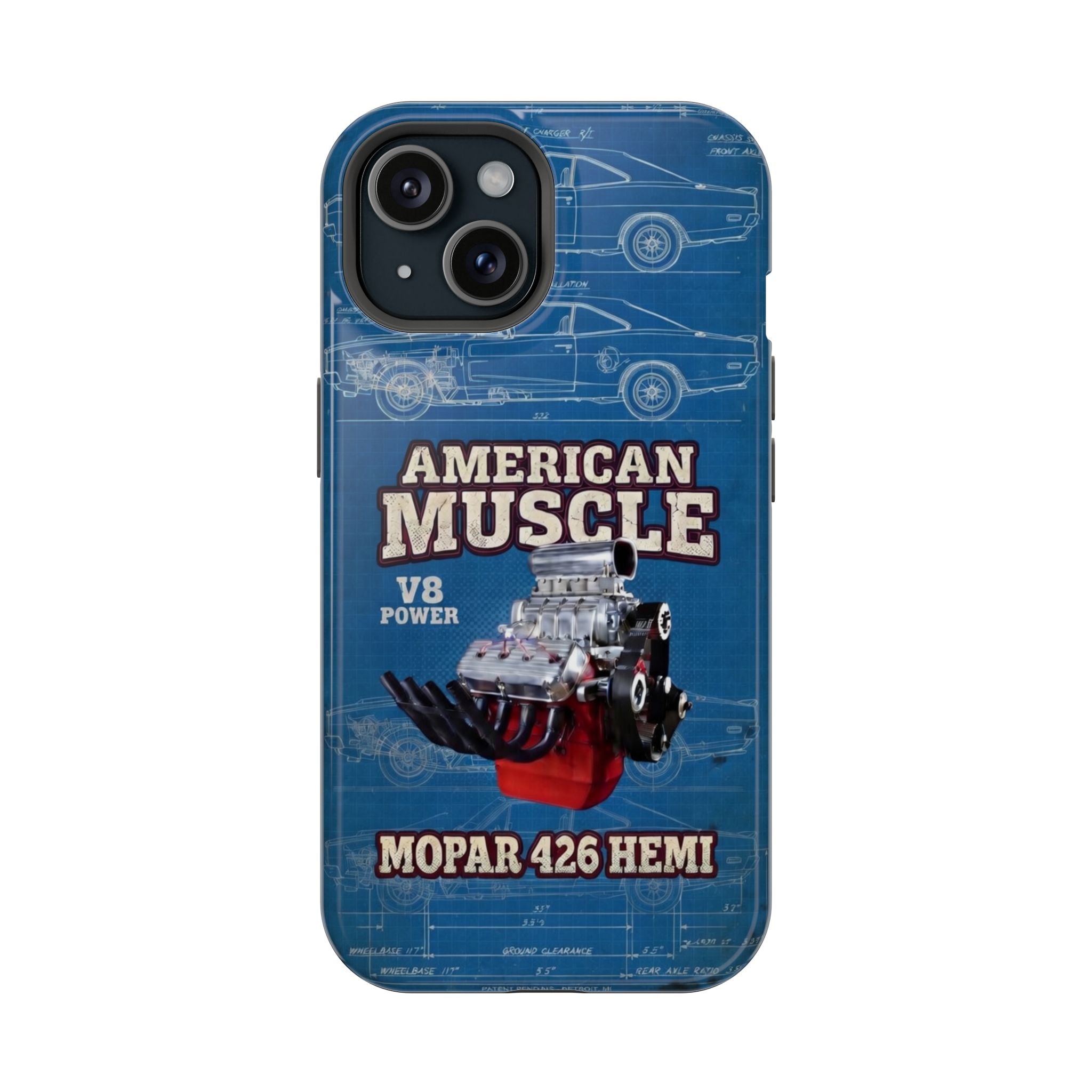 Phone case with American Muscle design featuring an American Muscle Mopar 426 Hemi engine on a blue background.