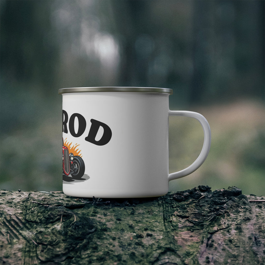 White mug with 'HOT ROD' and hot rod graphic on a tree stump with a forest background