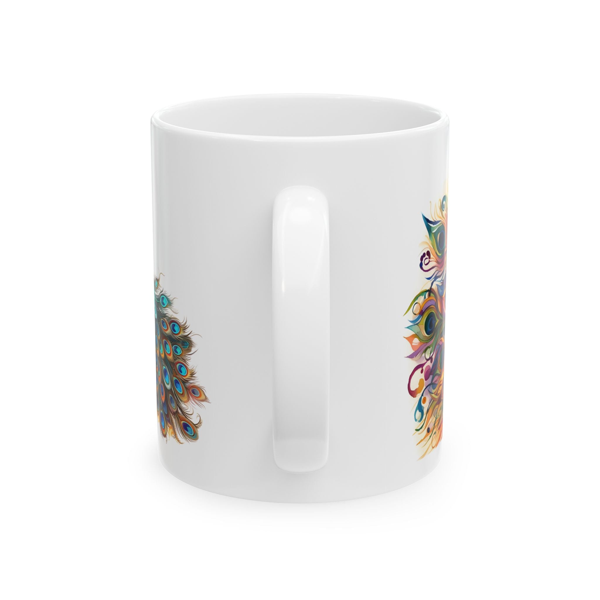 Colorful watercolor peacock mug on glossy white ceramic coffee cup featuring vibrant jewel-tone feathers and boho art style.