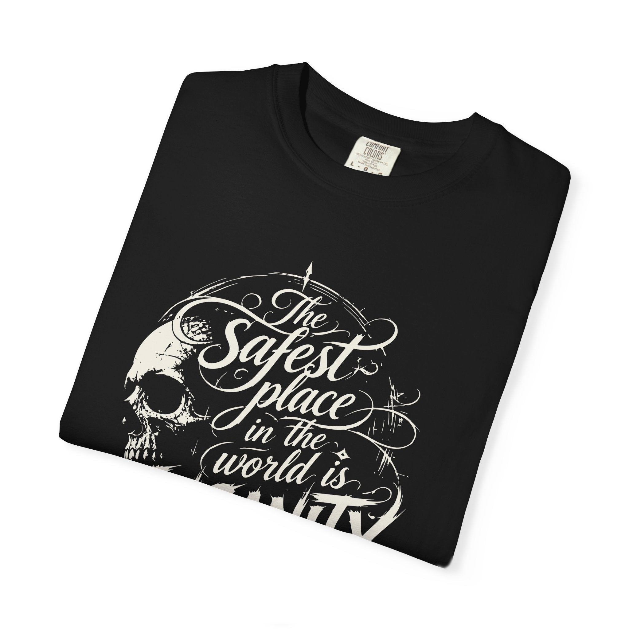 T-Shirt — “The Safest Place in the World is Insanity” Vintage Skull Graphic Tee