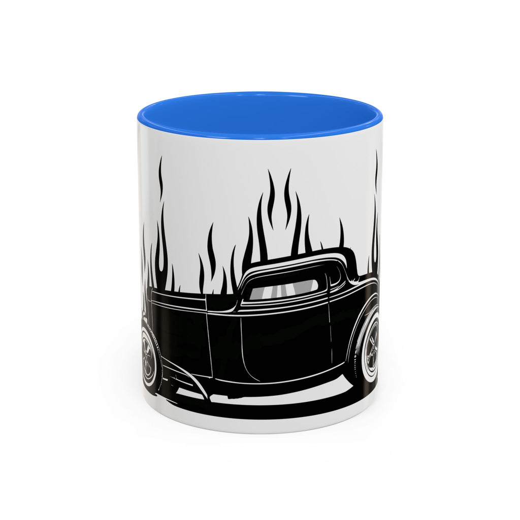 Mug with a black car silhouette and flames design on a white background