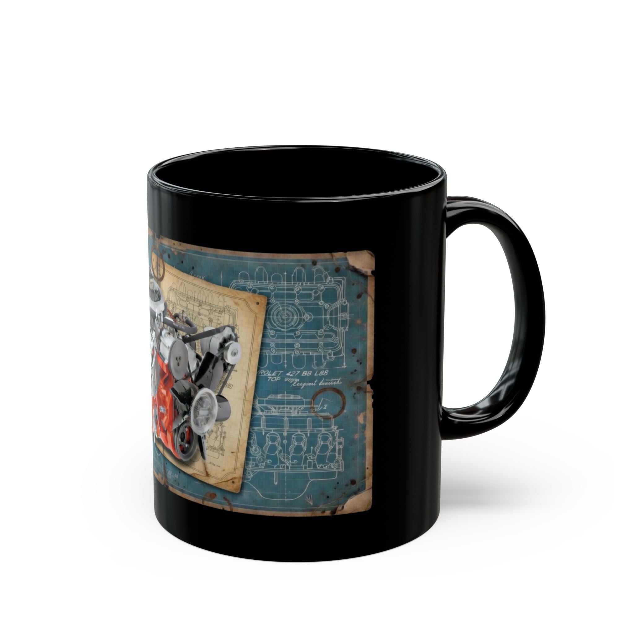 Black coffee mug with 1970 L88 Chevy Big Block engine. Guess the Engine #1