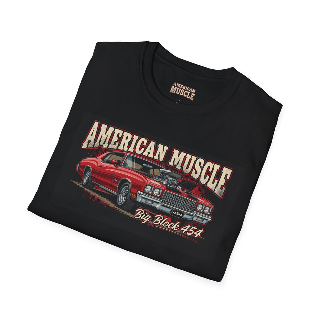 Black t-shirt with red muscle car graphic and 'American Muscle' text on a white background