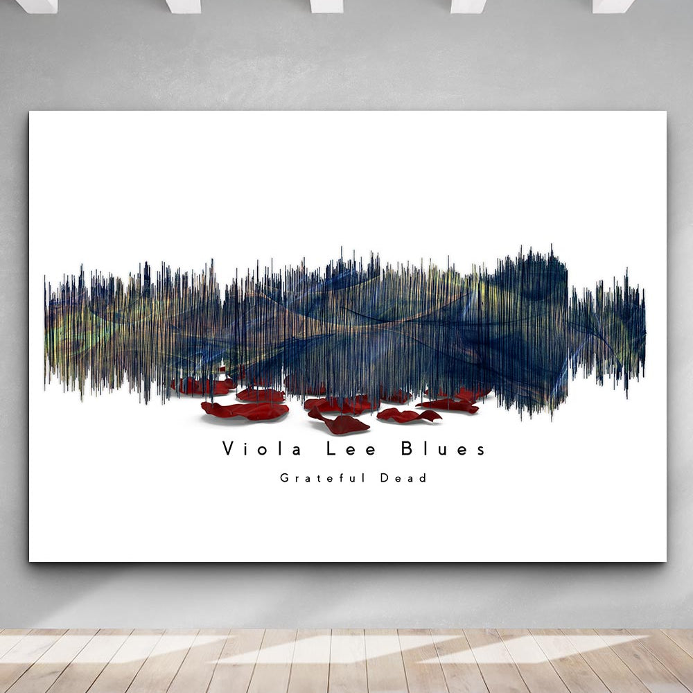 Framed artwork with 'Viola Lee Blues' by Grateful Dead on a white wall.