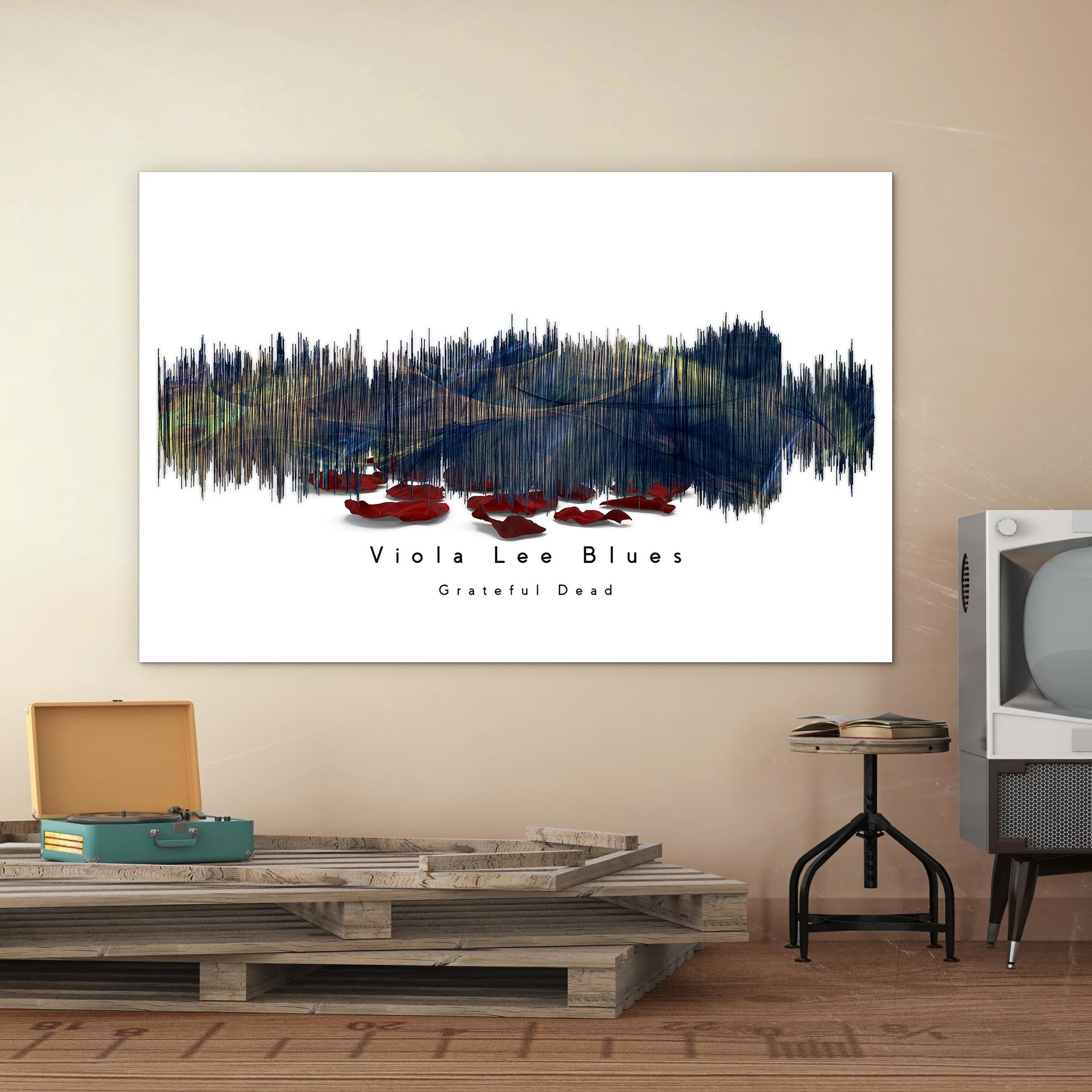 Room interior with a large framed artwork titled 'Viola Lee Blues' by Grateful Dead, a record player, and a vintage television.