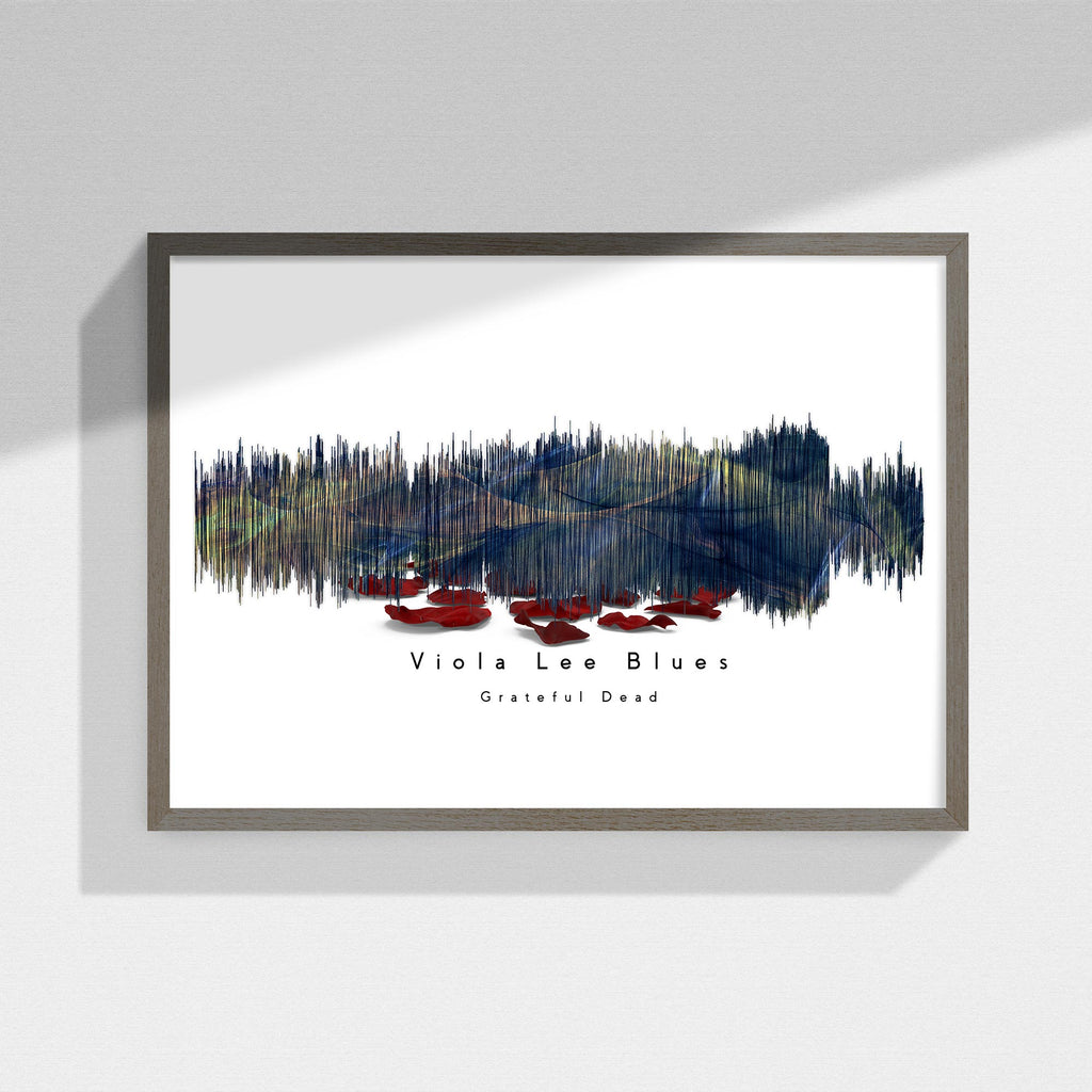 Framed Grateful Dead artwork of a watercolor design with text on a white wall
