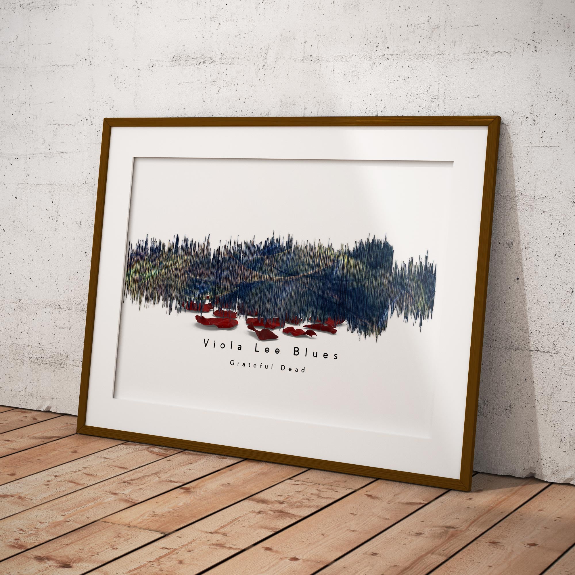 Framed Grateful Dead artwork with a sound wave design on a white wall.