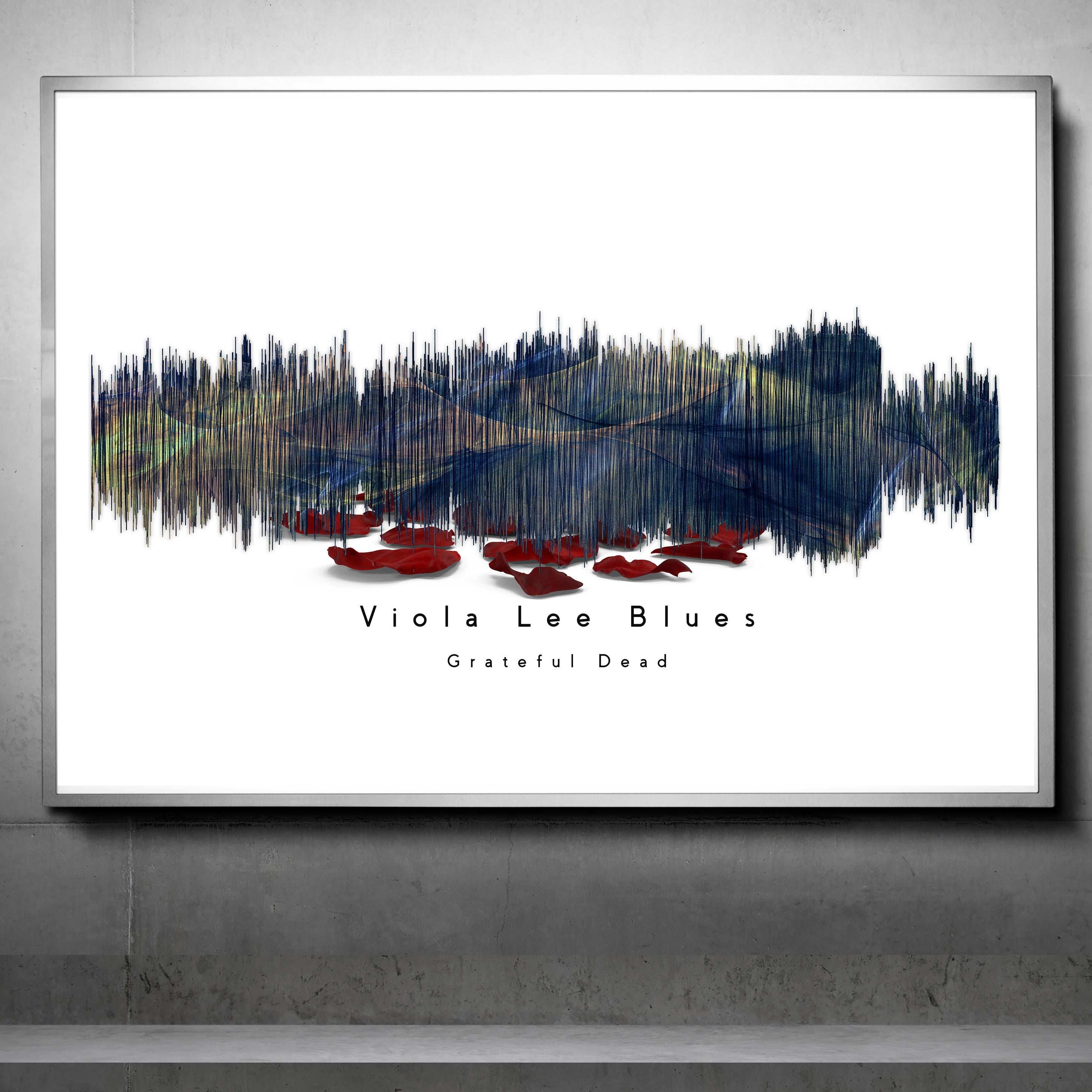 Framed Grateful Dead artwork with abstract design and text on a gray wall