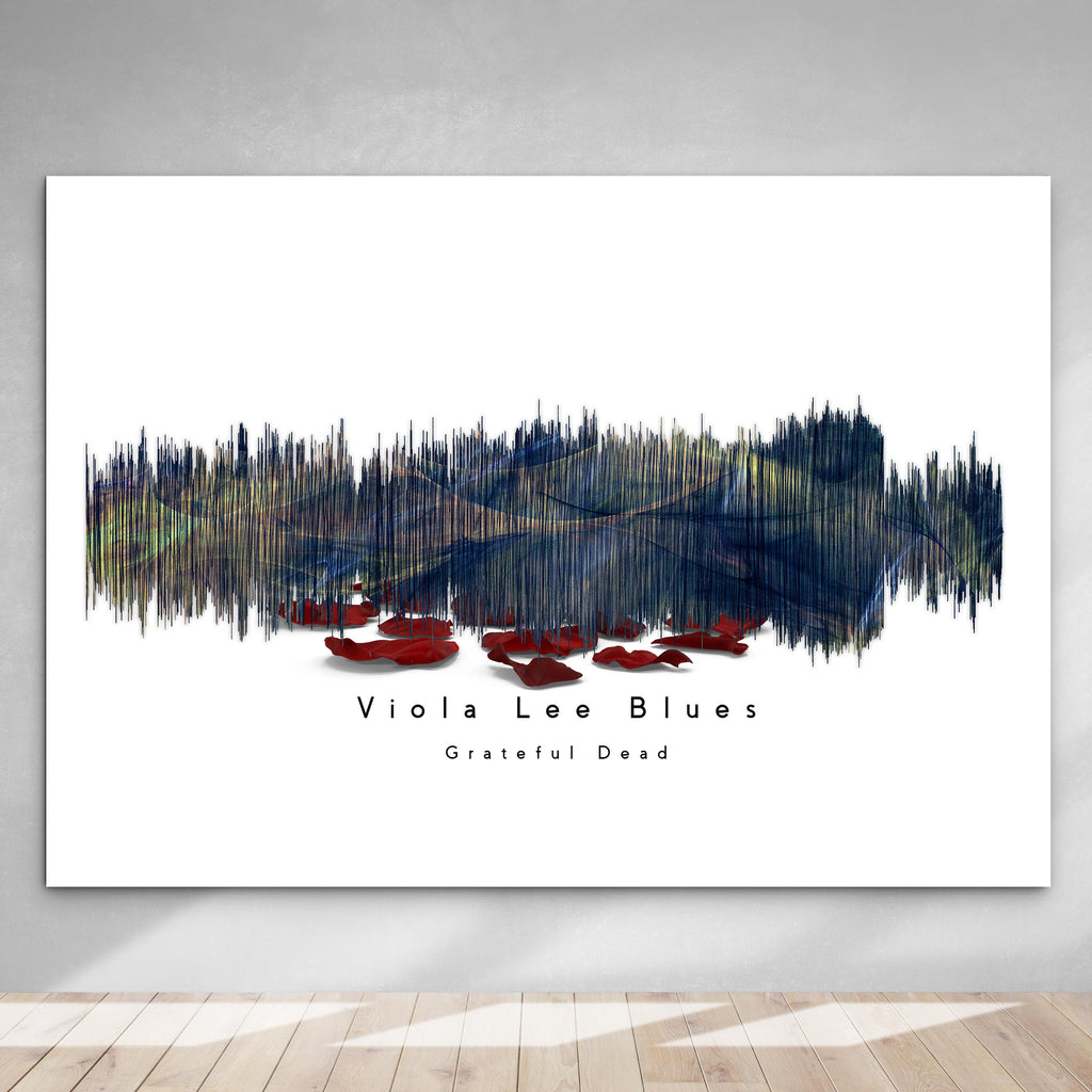 Framed artwork with abstract design and text on a white wall.
