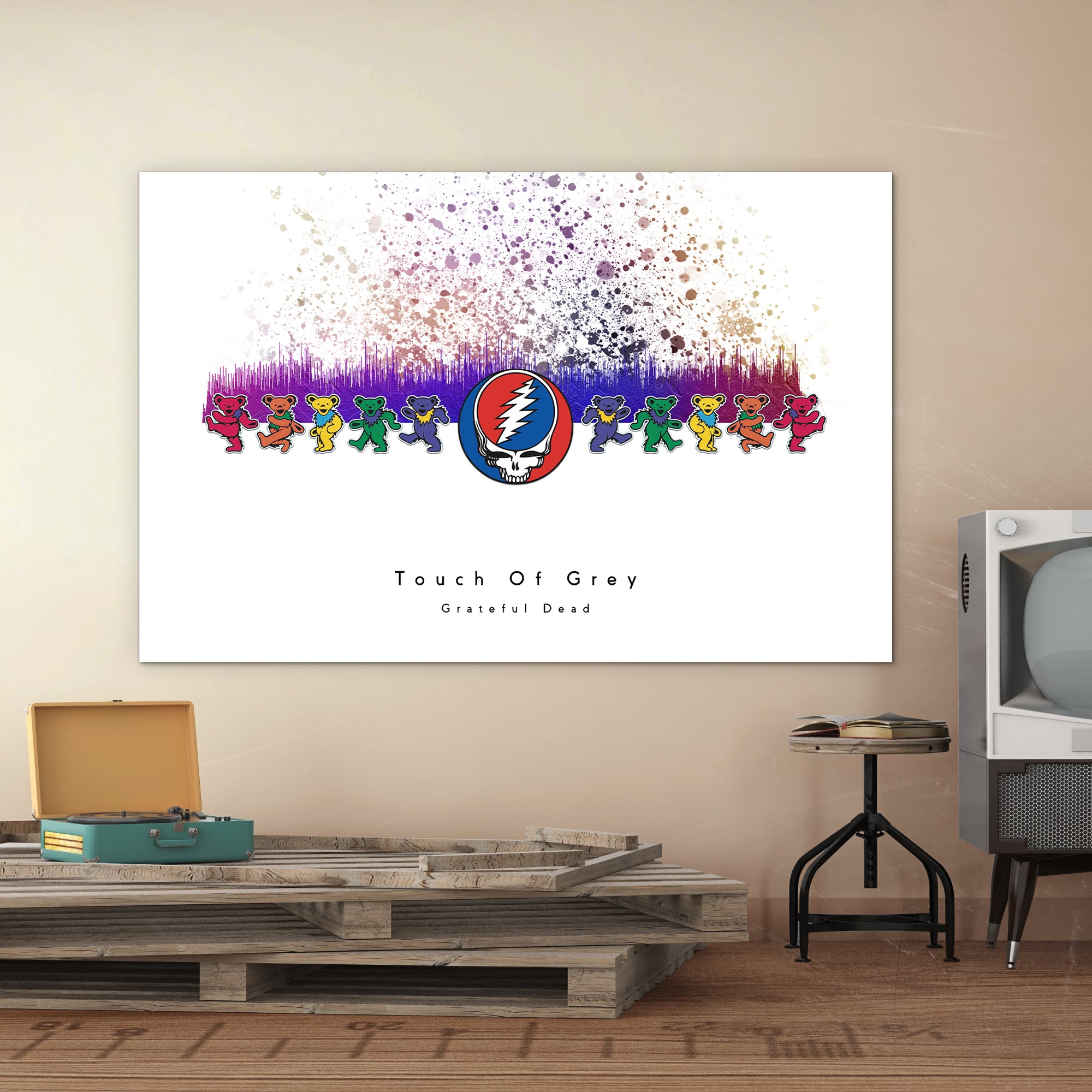 Colorful 'Touch Of Grey' Grateful Dead design on a wall in a room with a record player and vintage TV.