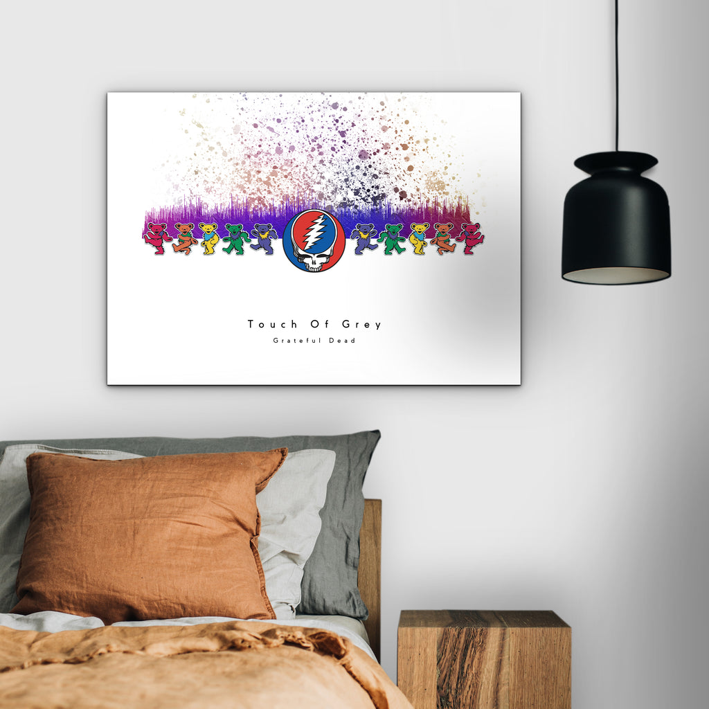 Bedroom with a 'Touch of Grey' Grateful Dead-themed wall art above a bed.