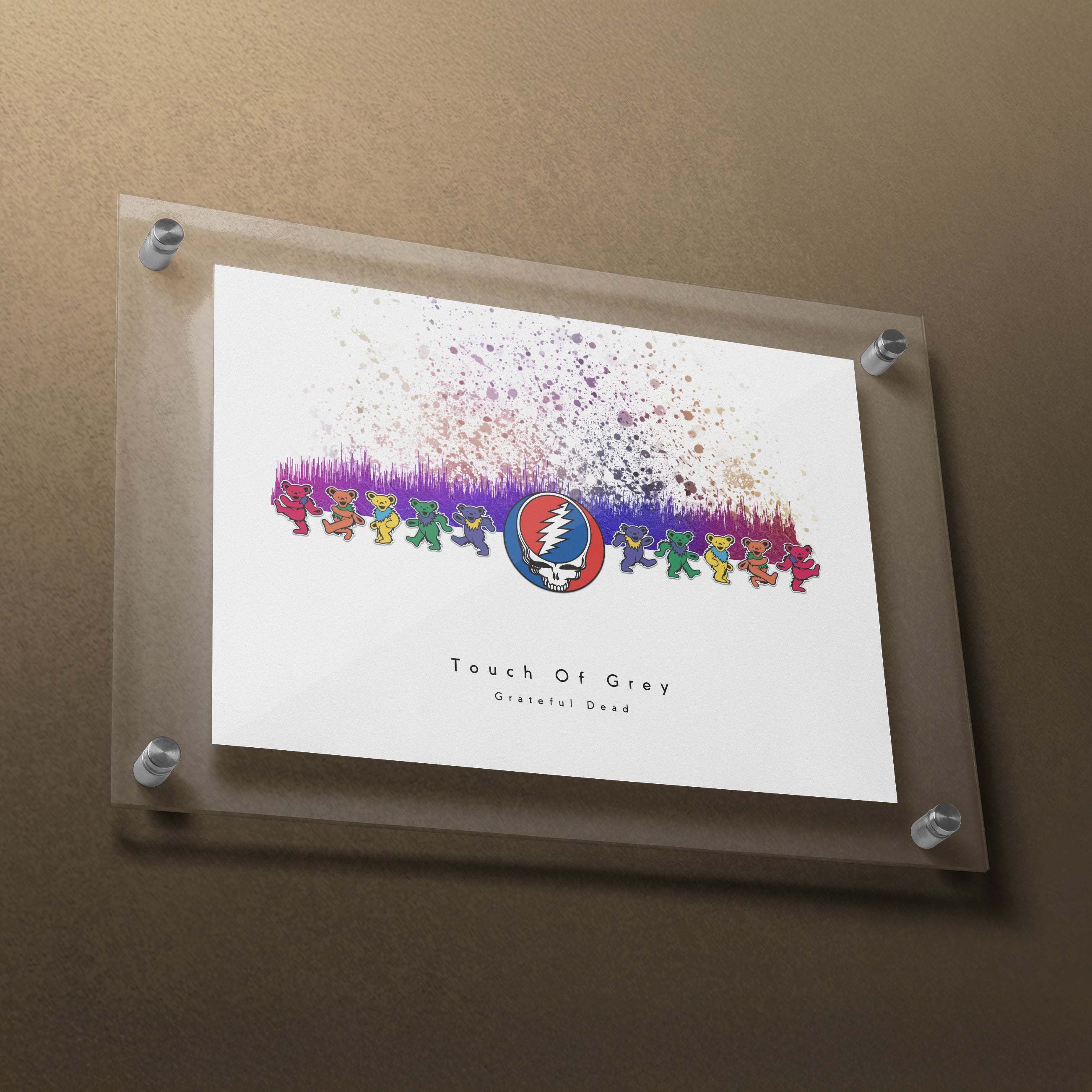 Framed poster with colorful bear design and 'Touch of Grey' text on a brown background
