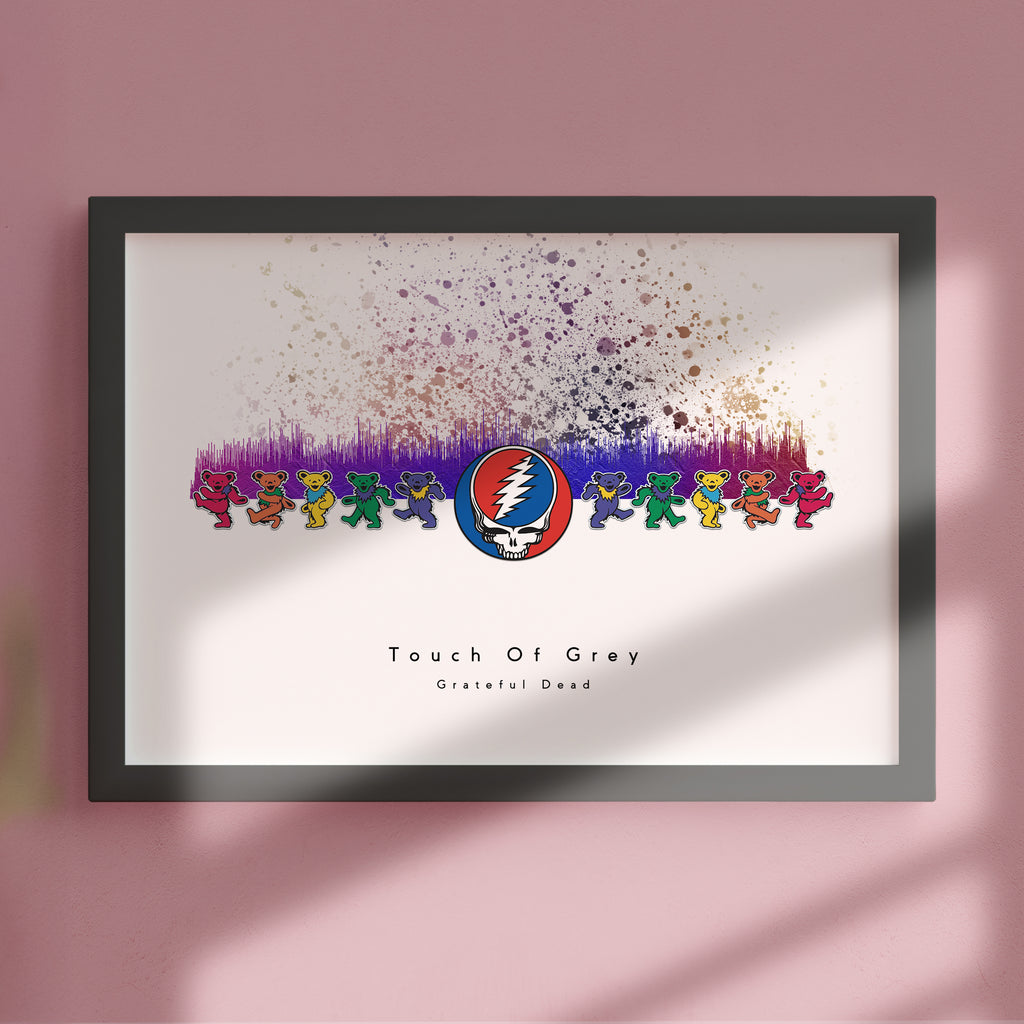Framed artwork with colorful bear illustrations and a logo on a white background