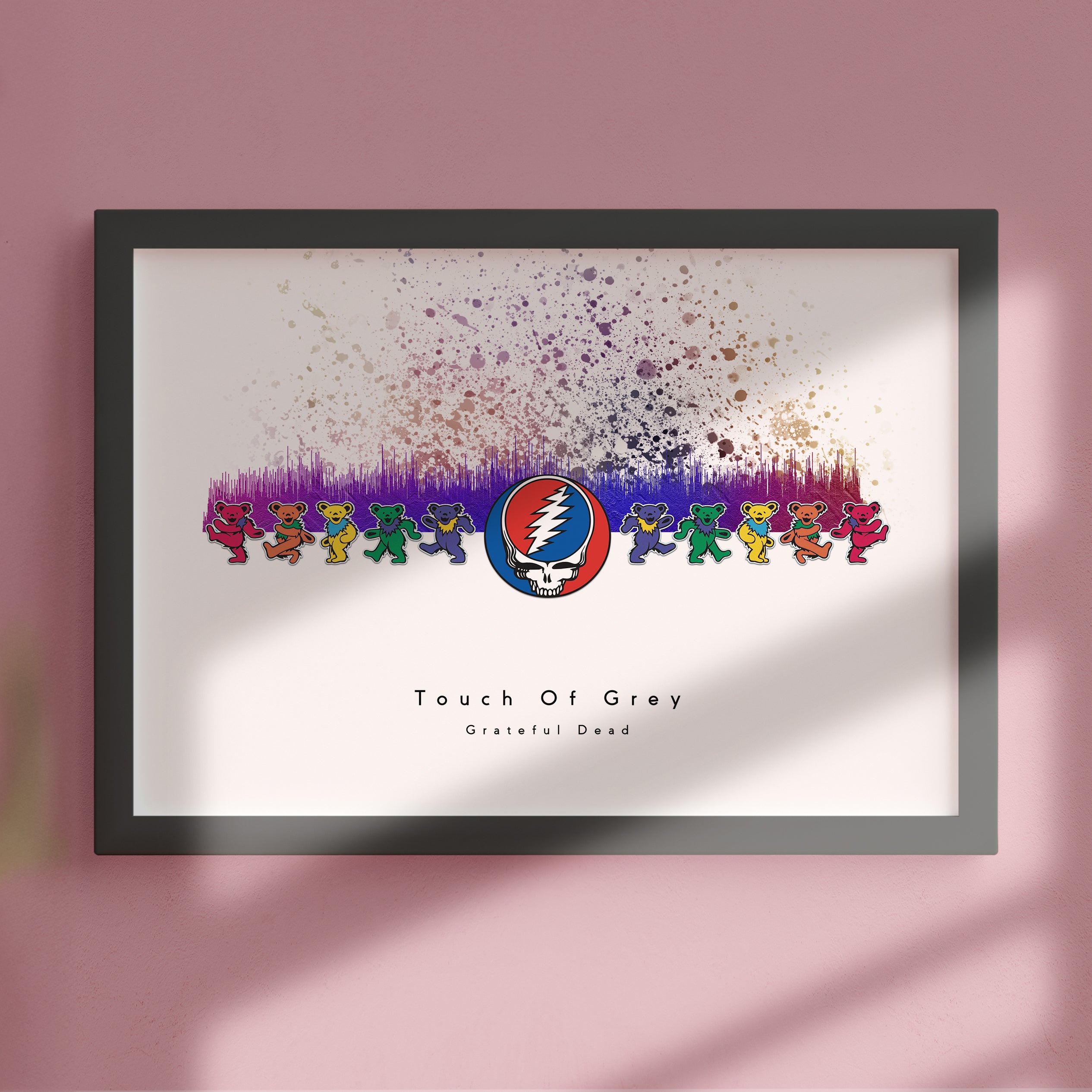 Framed artwork with colorful bear illustrations and a logo on a white background