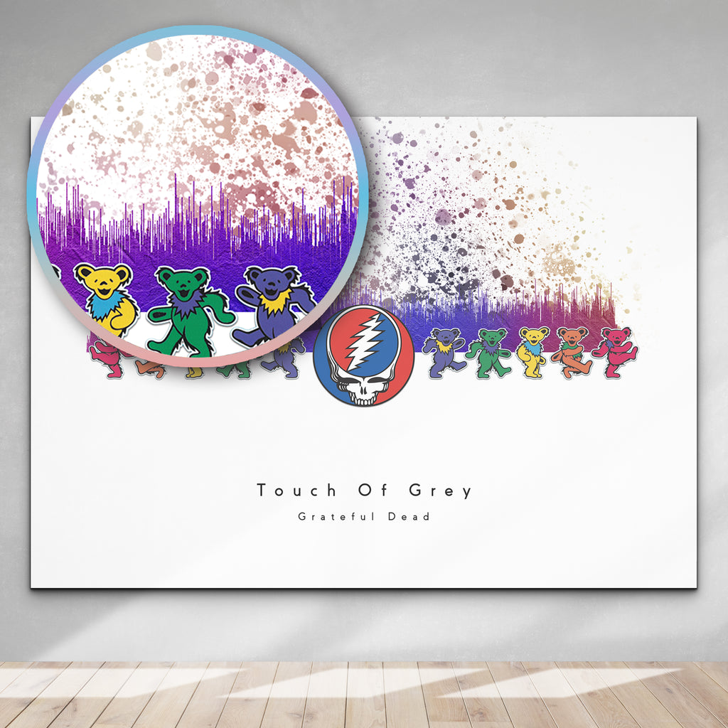 Decorative wall art with colorful bear illustrations and a skull logo on a white background.