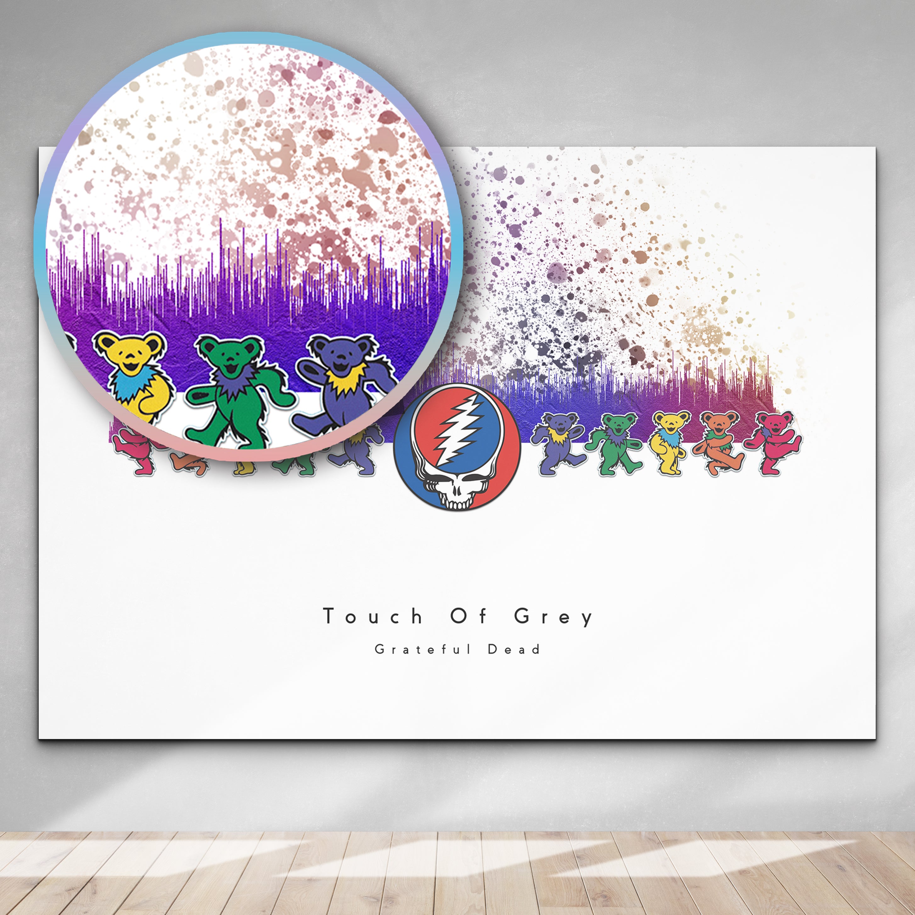 Decorative wall art with colorful bear illustrations and a skull logo on a white background.